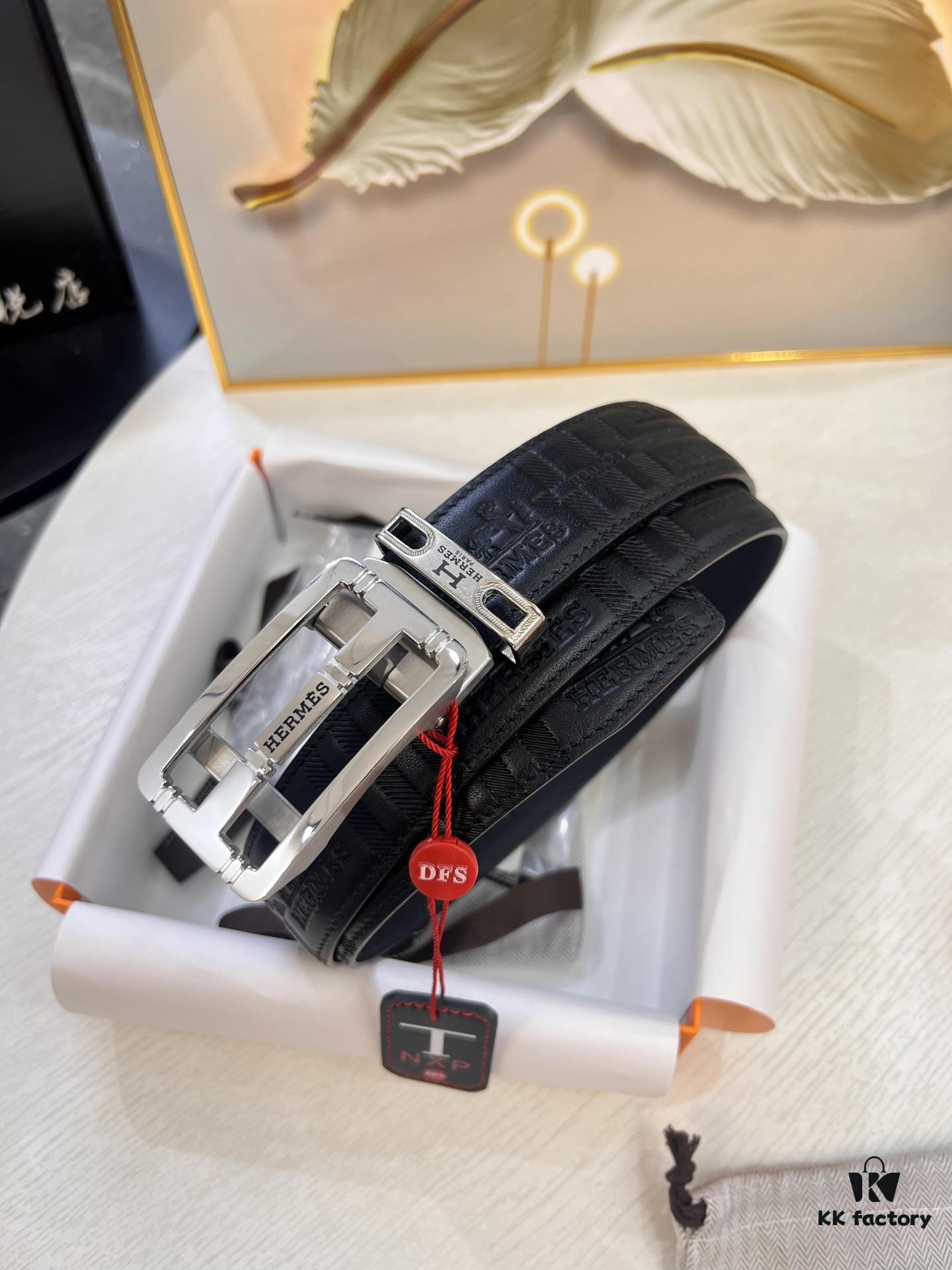 Hermès HH Original Factory Order Boxer Shorts - Italian Imported Full-Grain Calfskin with Embossed Pattern, Automatic Buckle, 3.5cm Width, Luxury Duty-Free Level