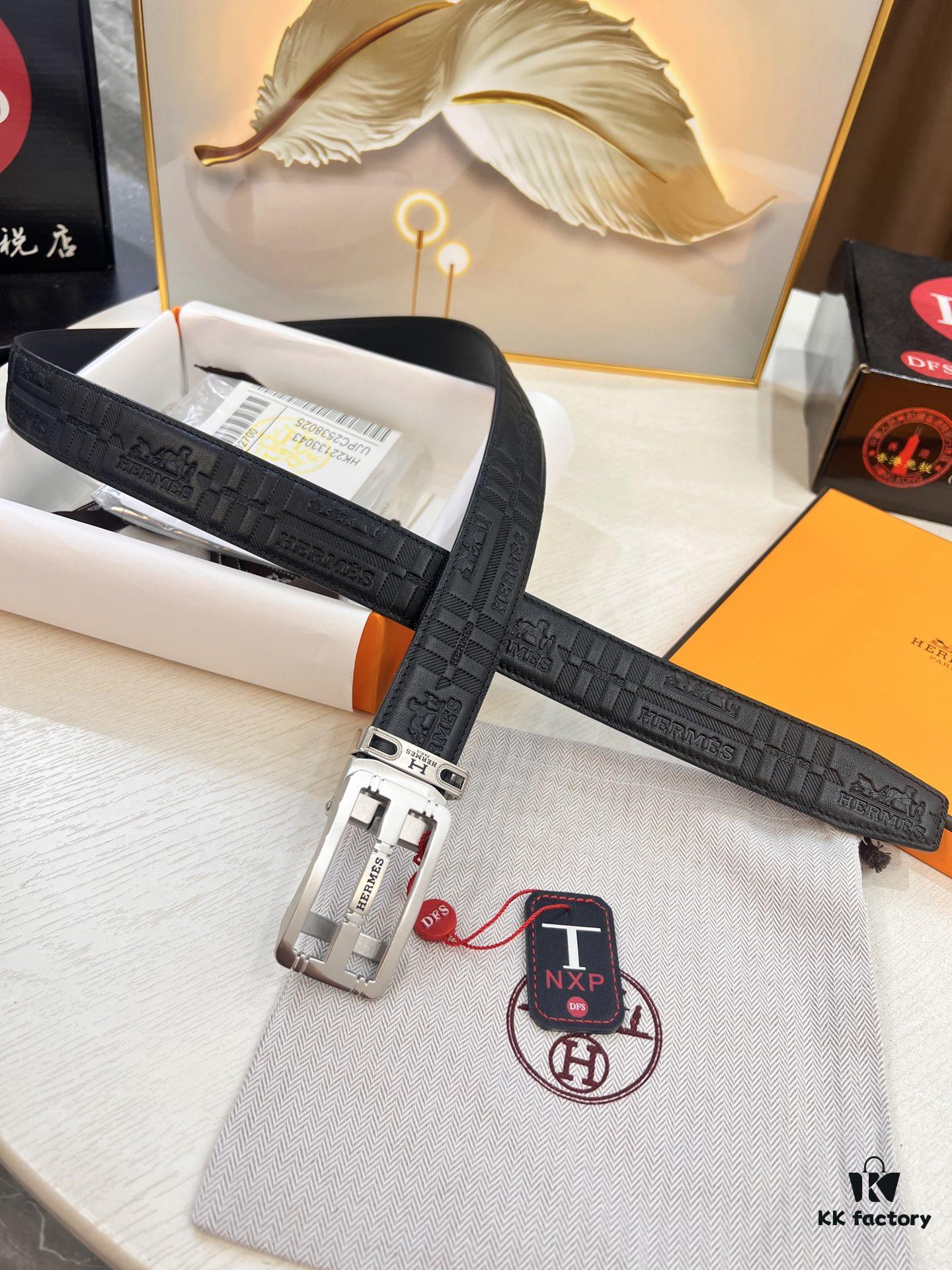 Hermès HH Original Factory Order Boxer Shorts - Italian Imported Full-Grain Calfskin with Embossed Pattern, Automatic Buckle, 3.5cm Width, Luxury Duty-Free Level