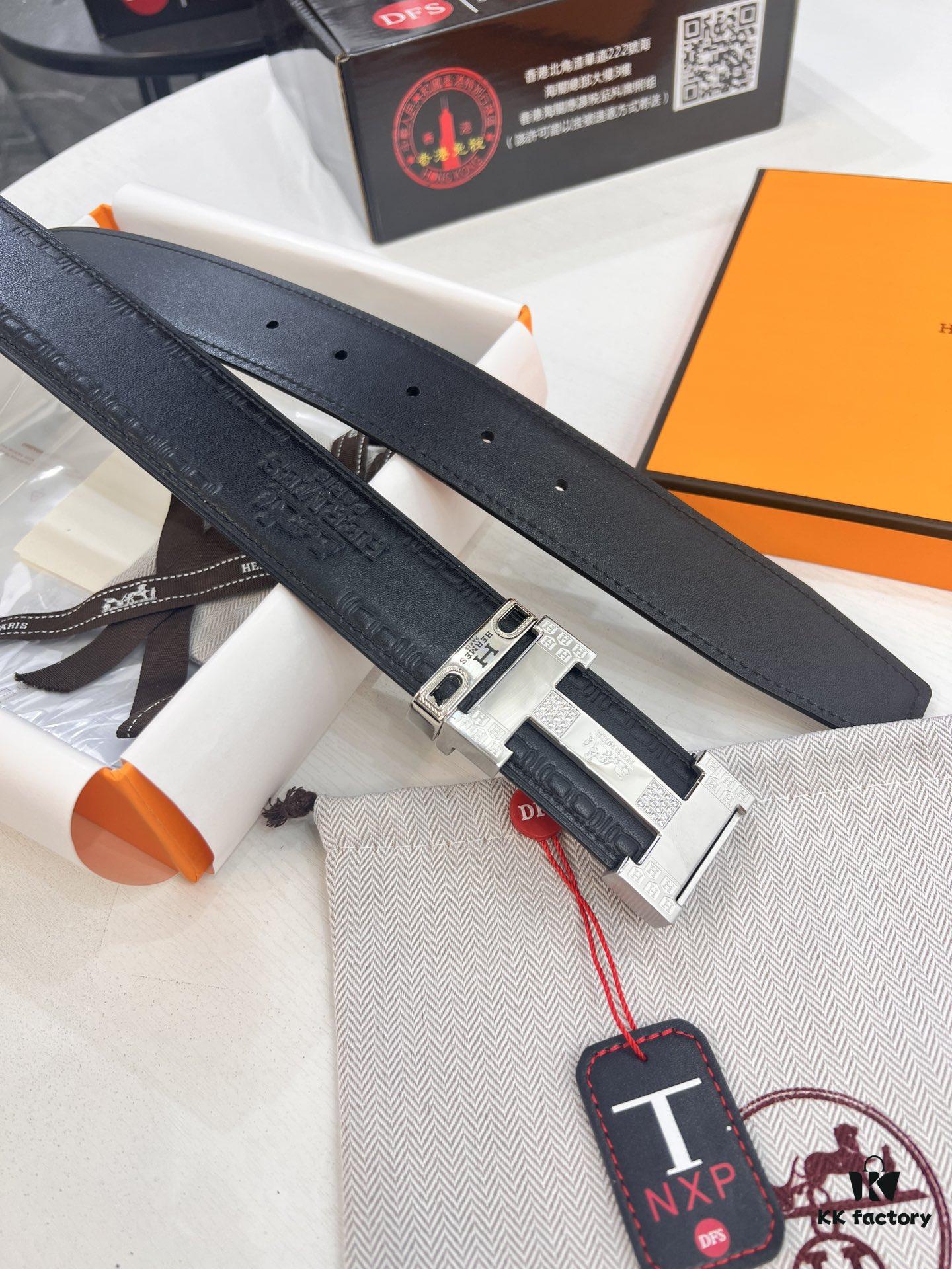 Hermès H Belt, New Arrival, Stainless Steel H Buckle with Paved Stones, ZP Synchronized Engraved Logo, Genuine Imported Top Layer Calfskin Leather