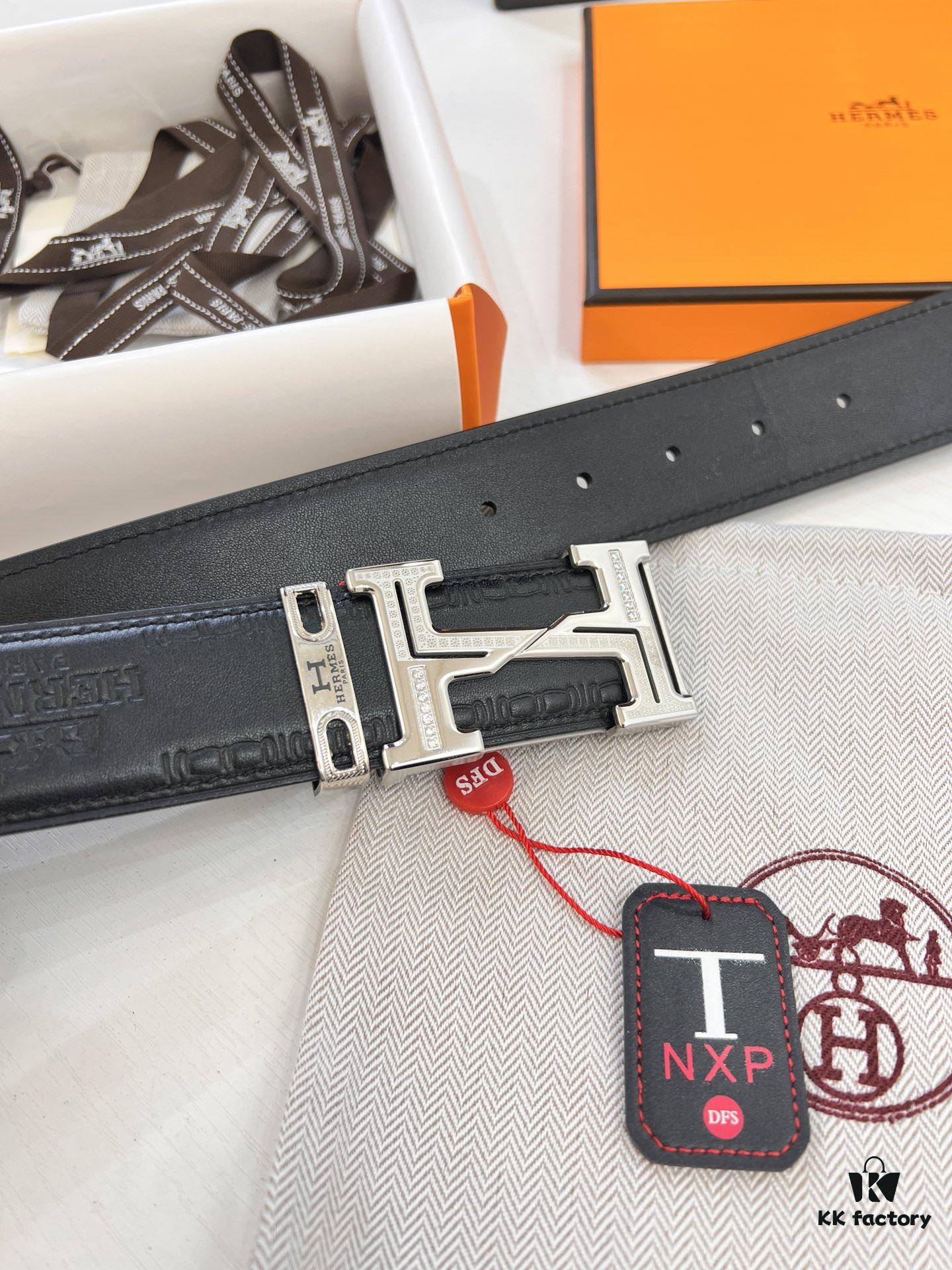 Arrival 🎺🎺 Hermes Men's Belt, New Style with Diamond-Inlaid Letters and Inner Buckle, ZP-Synchronized Steel Logo, Imported Embossed Horse-Carriage Full-Grain Calfskin, 3.8cm Plain Weave Full-Grain Leather, Top-Tier Quality Available for Authentication