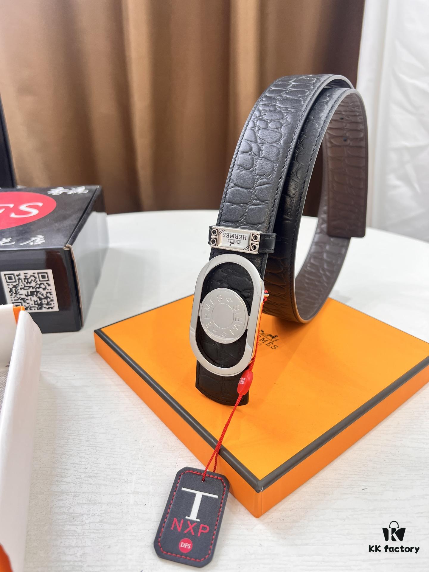 Arrival of Men's Hermès Belt with New H-Inner Buckle, Dual-Sided Use, Imported Stone-Grain Full-Grain Leather, 3.8cm Width, Top Quality with NXP Chip Authentication