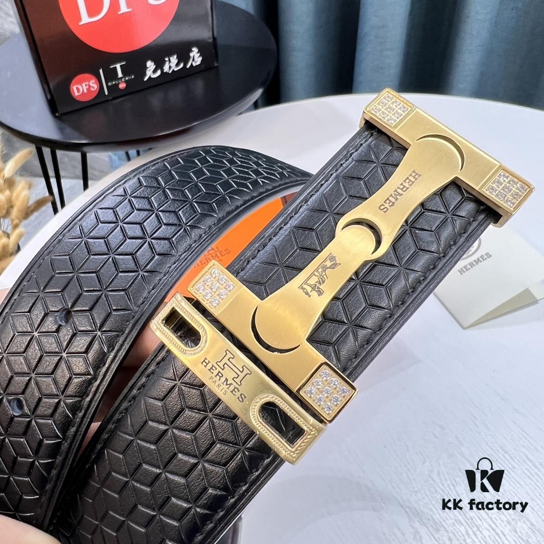 Hermès Men's Belt - Genuine Top-Layer Calfskin with Diamond-Paved Letters, Stainless Steel Hardware, 3.8cm Width