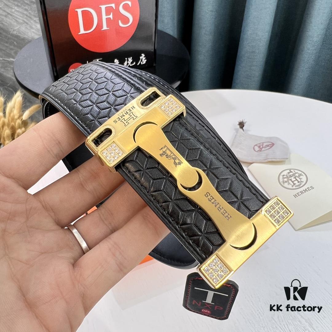 Hermès Men's Belt - Genuine Top-Layer Calfskin with Diamond-Paved Letters, Stainless Steel Hardware, 3.8cm Width