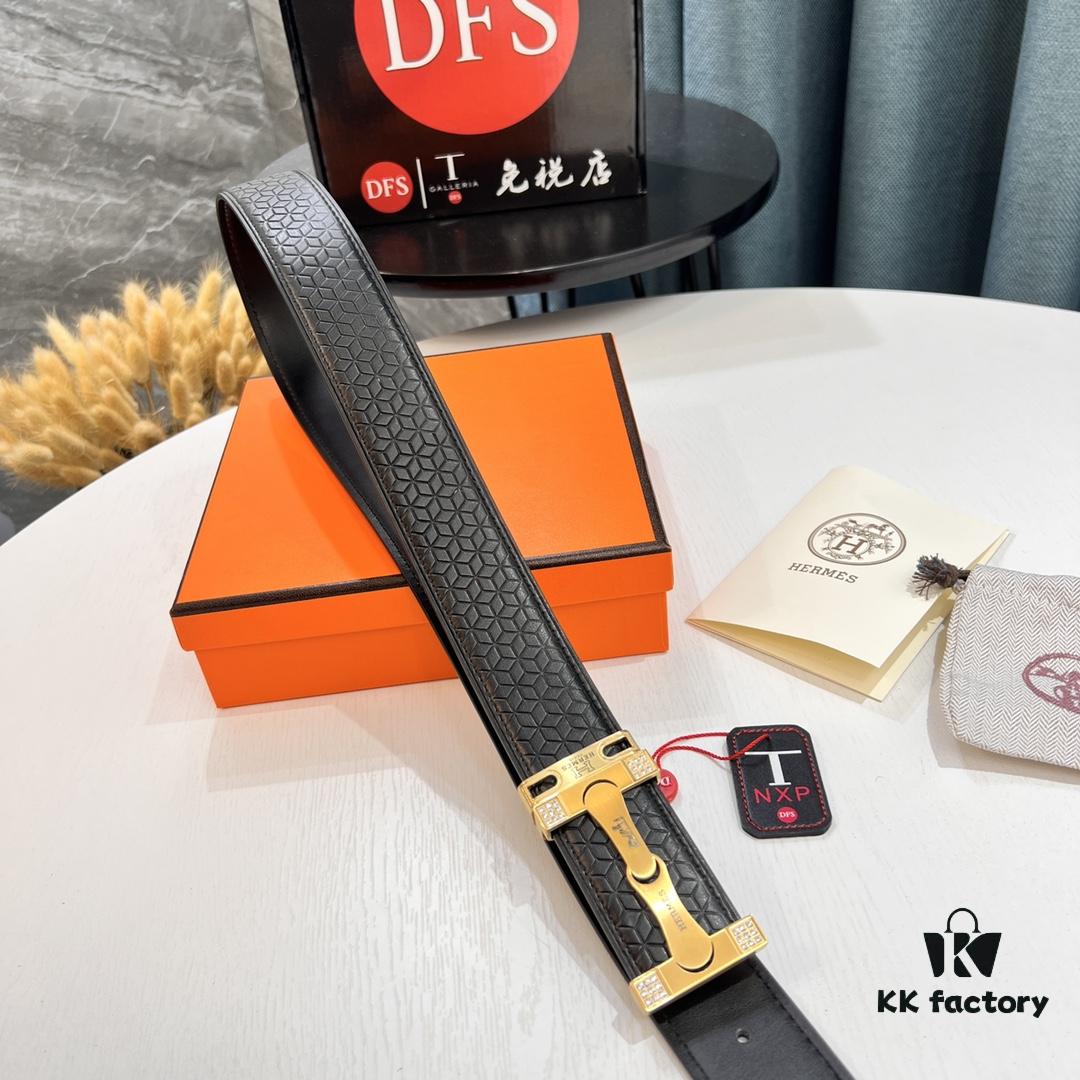 Hermès Men's Belt - Genuine Top-Layer Calfskin with Diamond-Paved Letters, Stainless Steel Hardware, 3.8cm Width