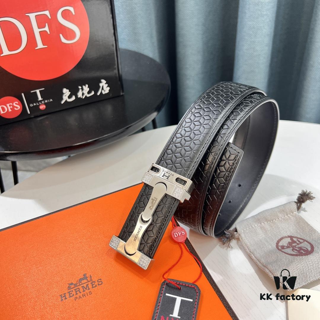 Hermès (Men's) Belt, Genuine Top-Layer Cowhide with Diamond-Paved Letters, Stainless Steel Hardware, 3.8cm Width