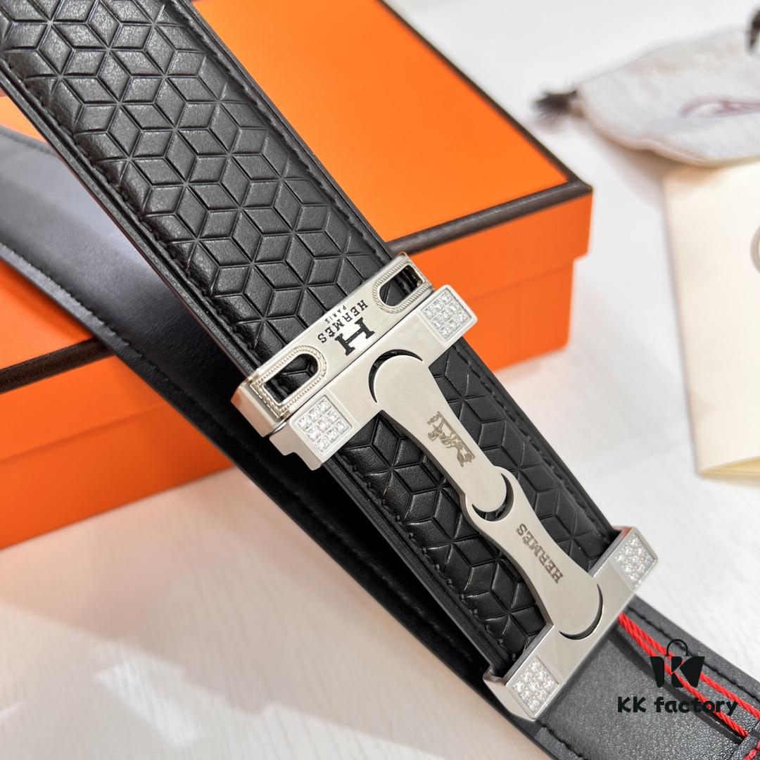 Hermès (Men's) Belt, Genuine Top-Layer Cowhide with Diamond-Paved Letters, Stainless Steel Hardware, 3.8cm Width