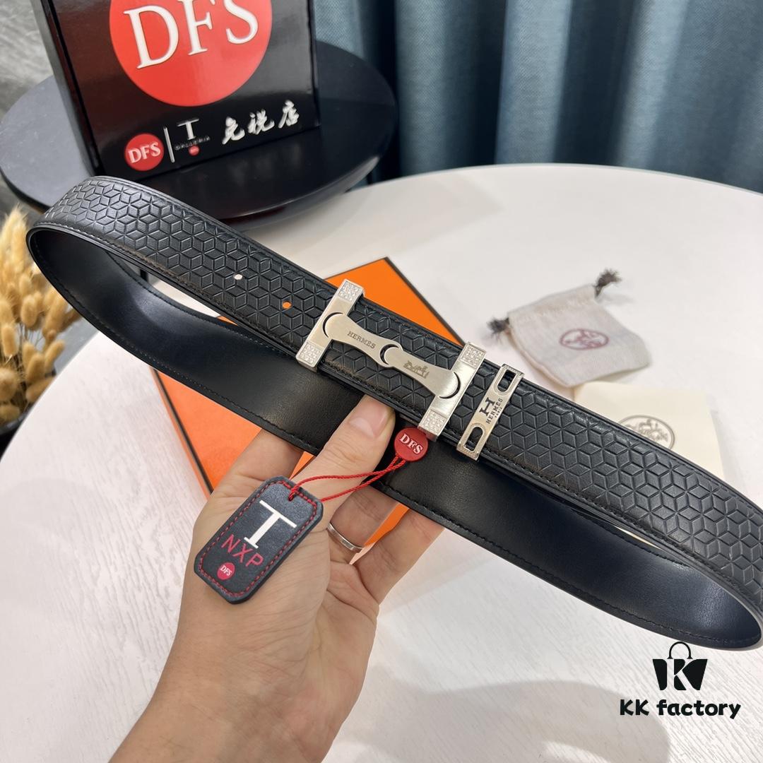 Hermès (Men's) Belt, Genuine Top-Layer Cowhide with Diamond-Paved Letters, Stainless Steel Hardware, 3.8cm Width