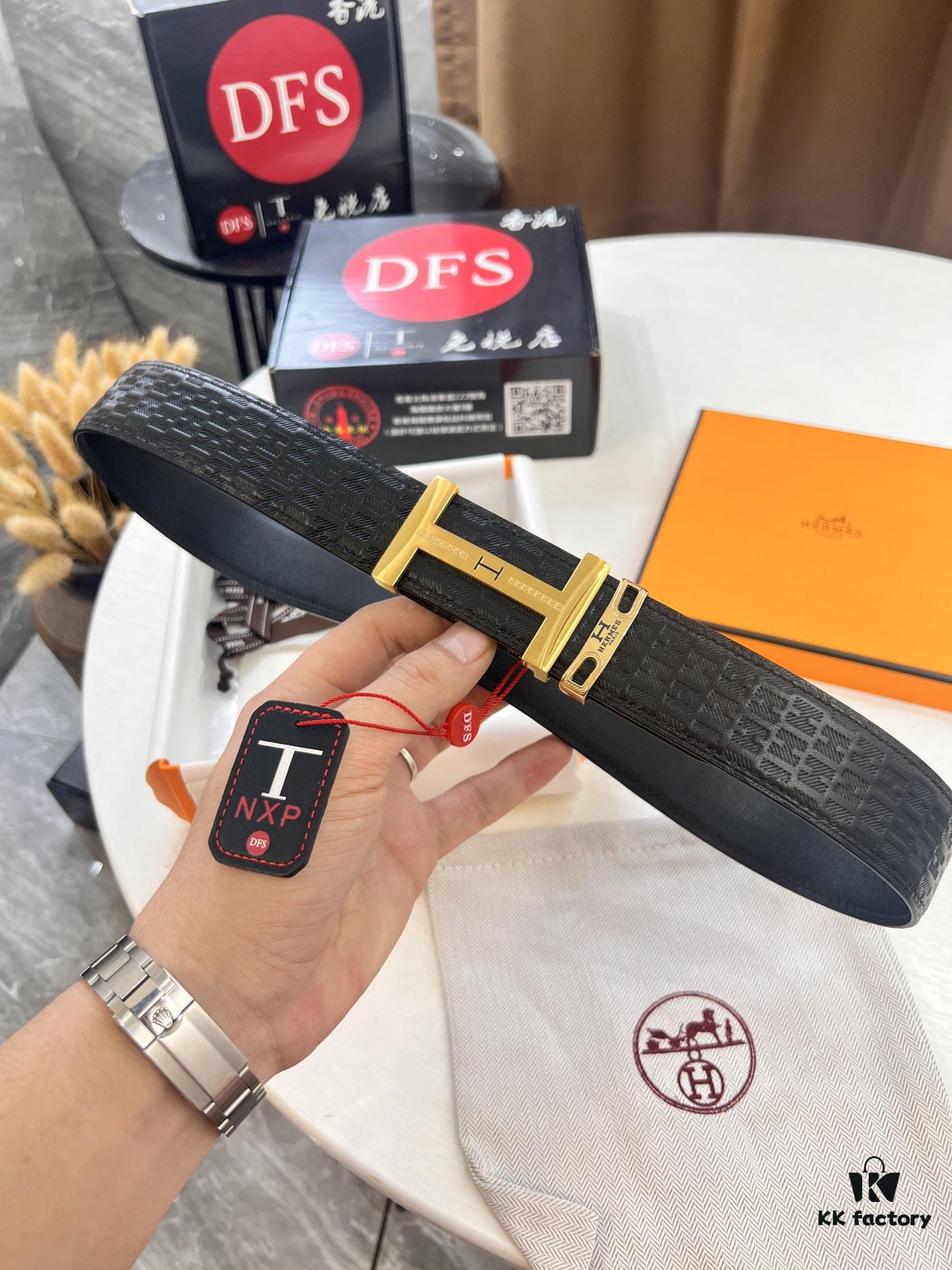 Hermes Men's Belt, Crocodile Grain Top Layer Leather, H Embossing, Steel Hardware, Reversible Design, 3.8cm Width