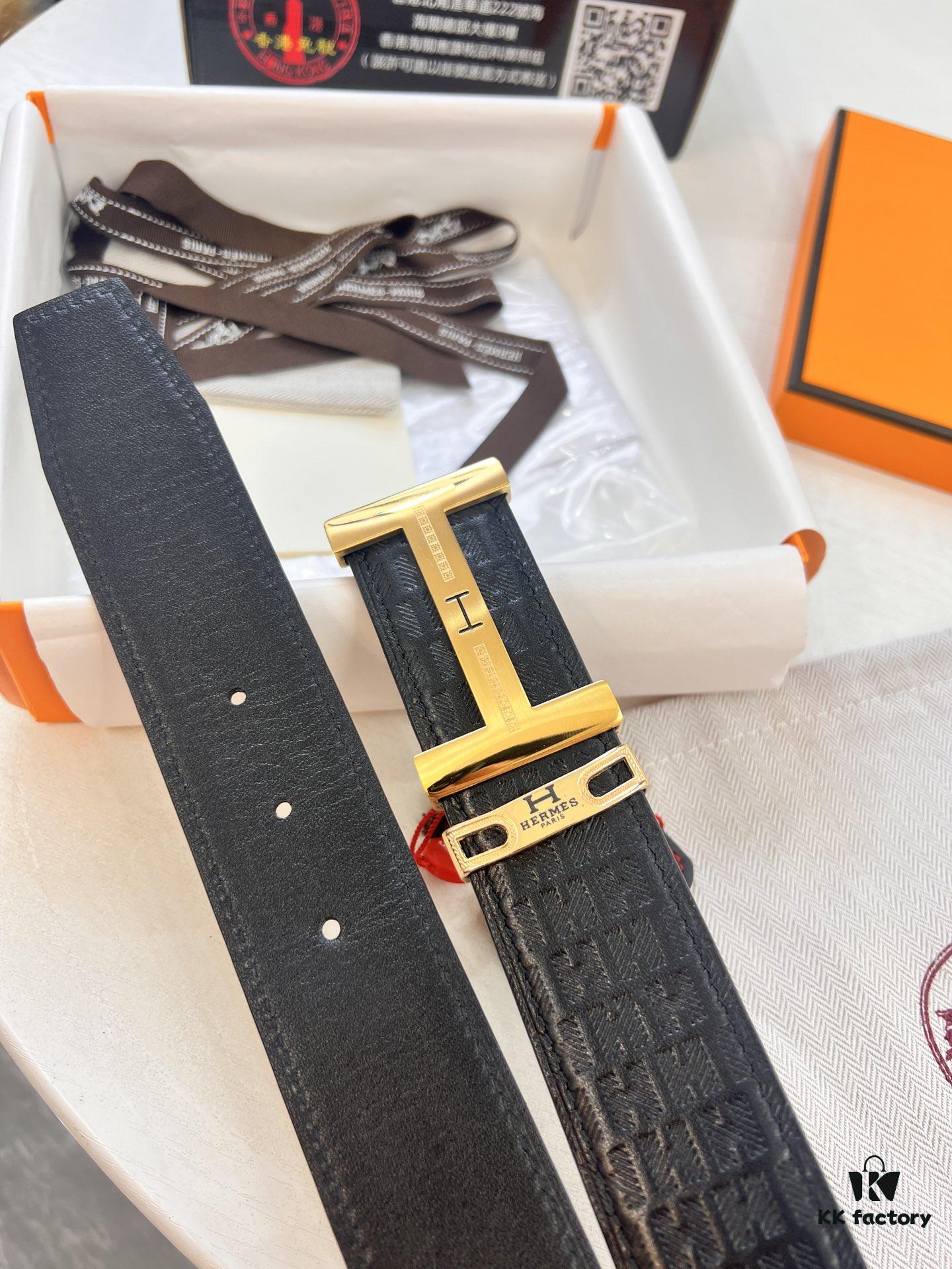 Hermes Men's Belt, Crocodile Grain Top Layer Leather, H Embossing, Steel Hardware, Reversible Design, 3.8cm Width