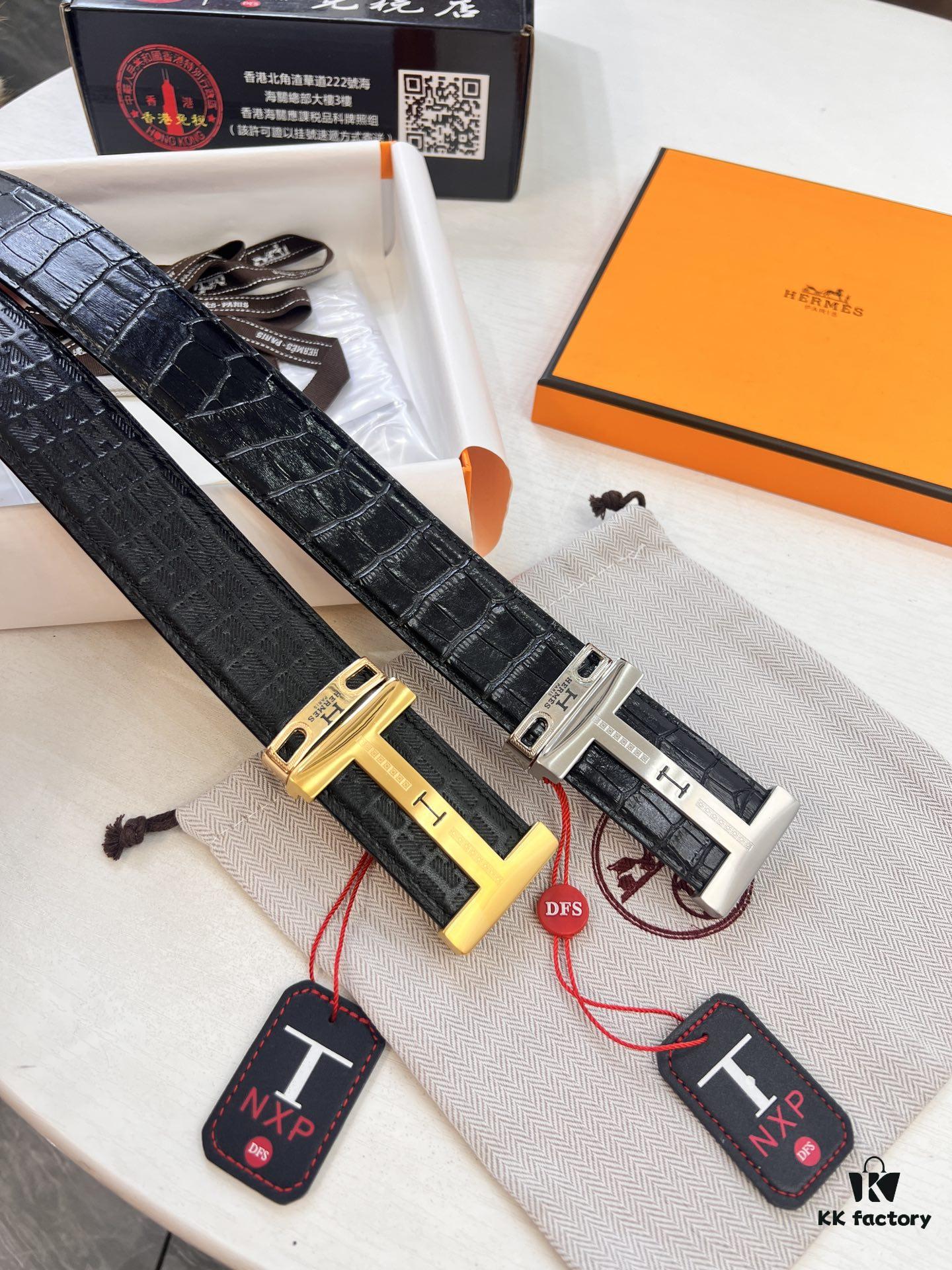 Hermes Men's Belt, Crocodile Grain Top Layer Leather, H Embossing, Steel Hardware, Reversible Design, 3.8cm Width