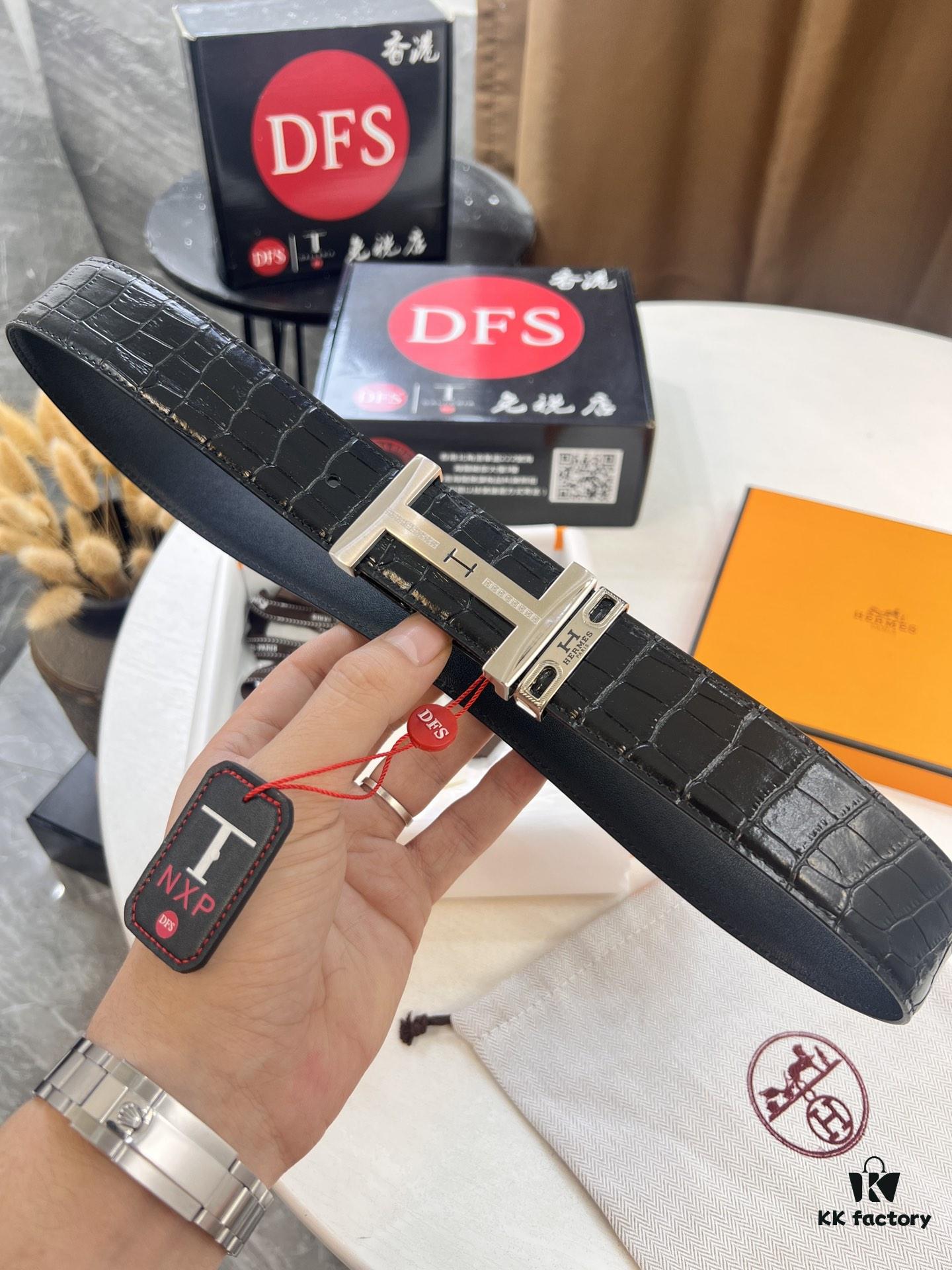 Hermès Men's Belt, Crocodile Grain Top Layer Leather with H Embossing, Double-Sided Wear, 3.8cm Width, Stainless Steel Hardware