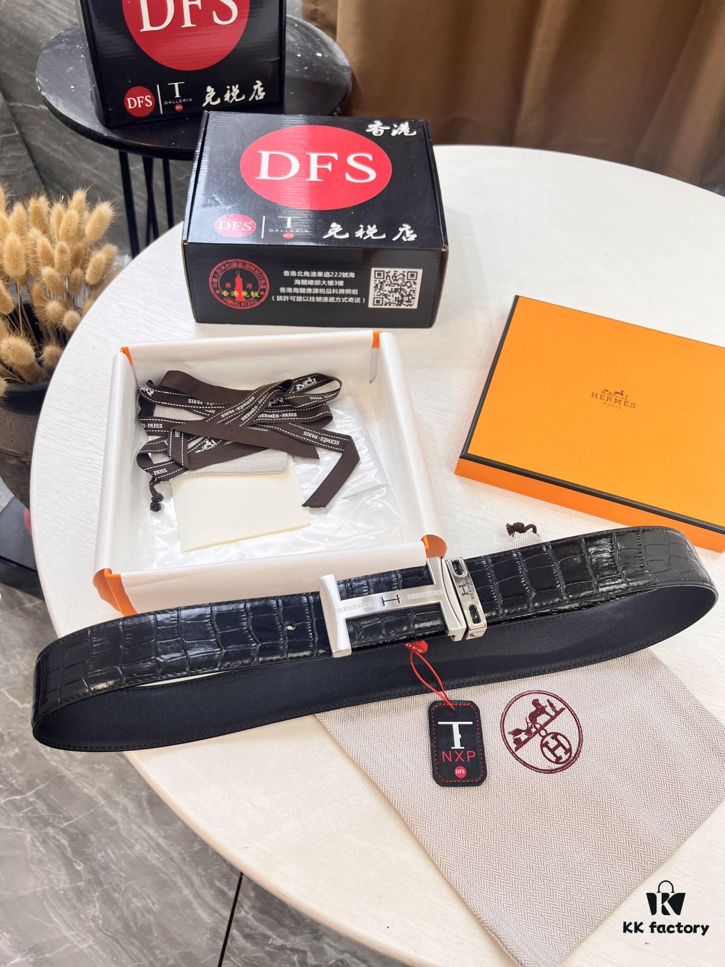 Hermès Men's Belt, Crocodile Grain Top Layer Leather with H Embossing, Double-Sided Wear, 3.8cm Width, Stainless Steel Hardware