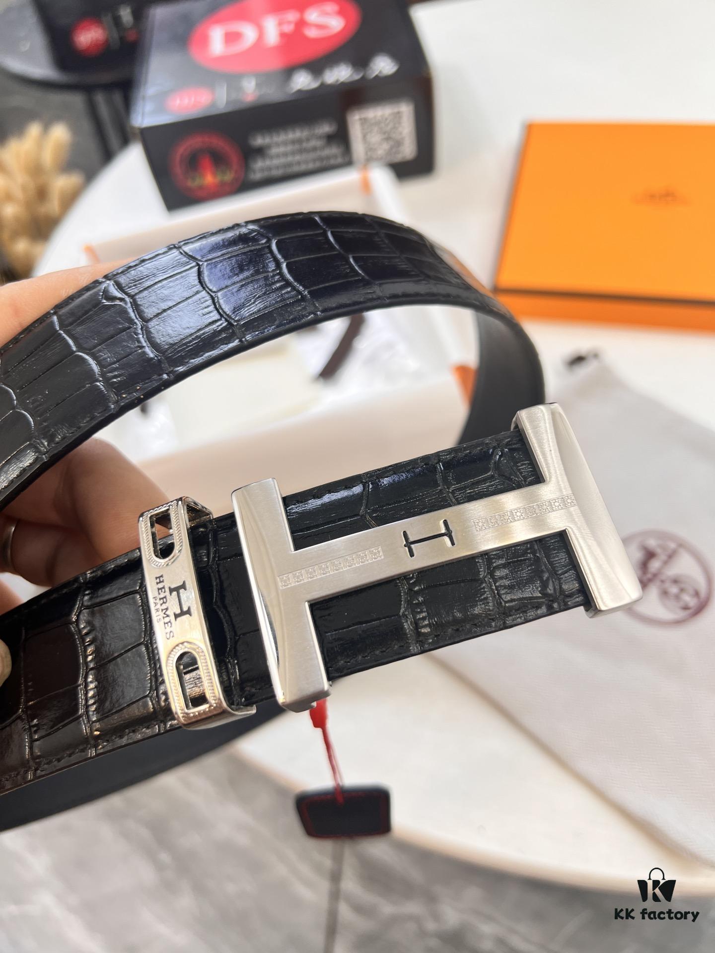 Hermès Men's Belt, Crocodile Grain Top Layer Leather with H Embossing, Double-Sided Wear, 3.8cm Width, Stainless Steel Hardware