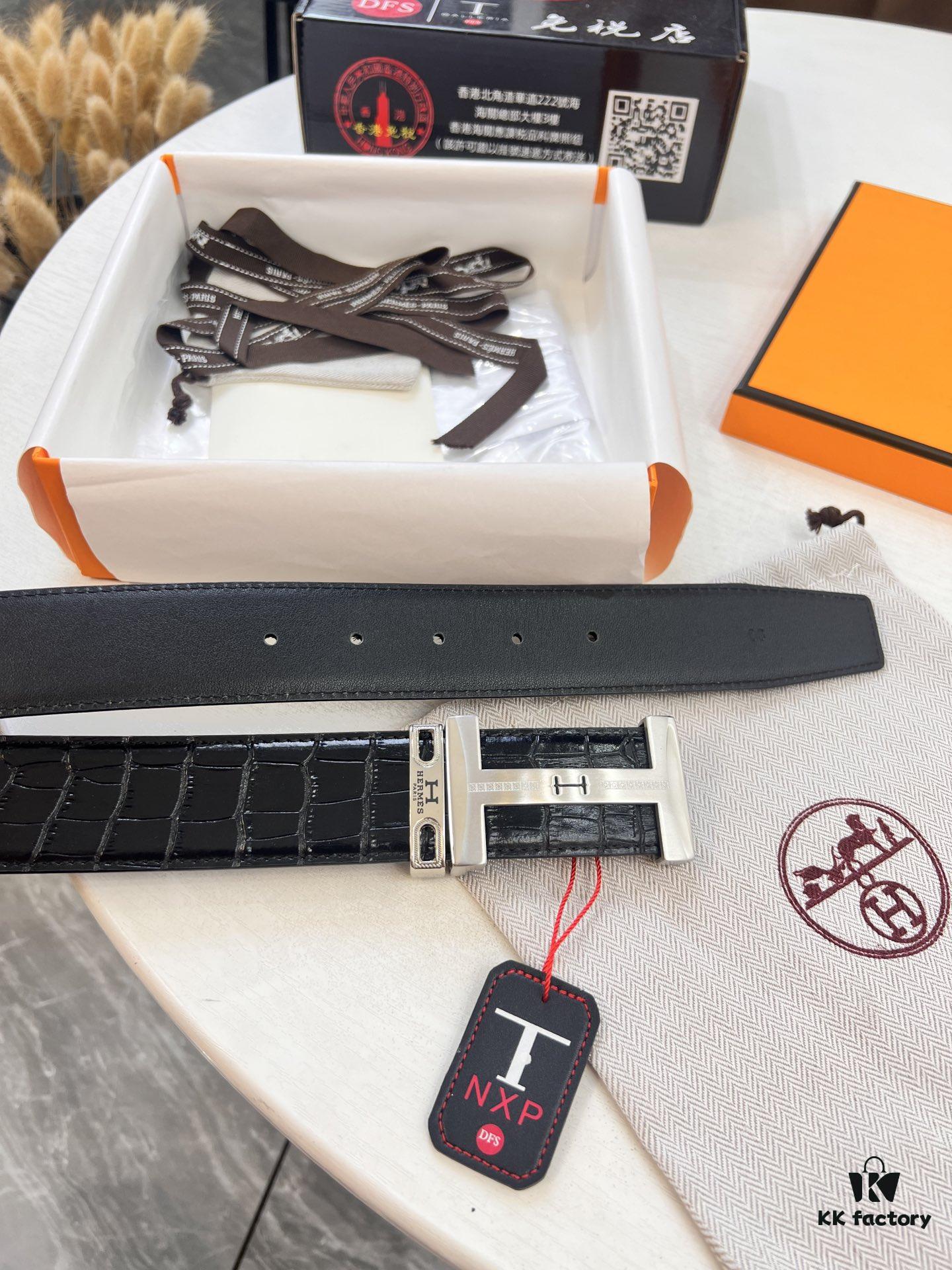 Hermès Men's Belt, Crocodile Grain Top Layer Leather with H Embossing, Double-Sided Wear, 3.8cm Width, Stainless Steel Hardware