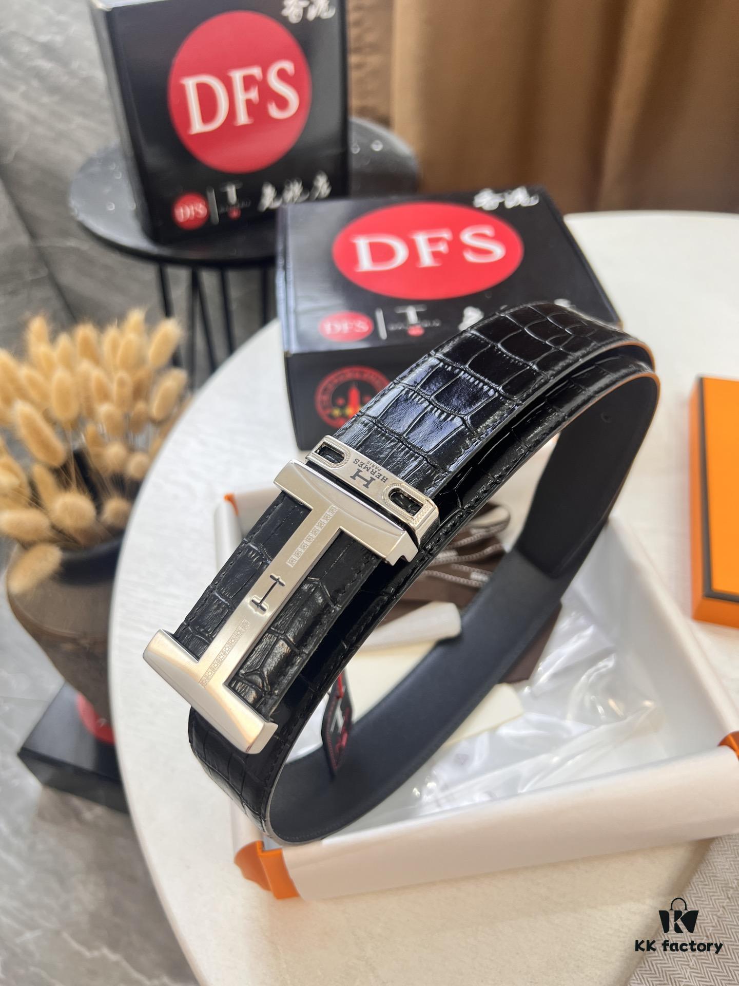 Hermès Men's Belt, Crocodile Grain Top Layer Leather with H Embossing, Double-Sided Wear, 3.8cm Width, Stainless Steel Hardware