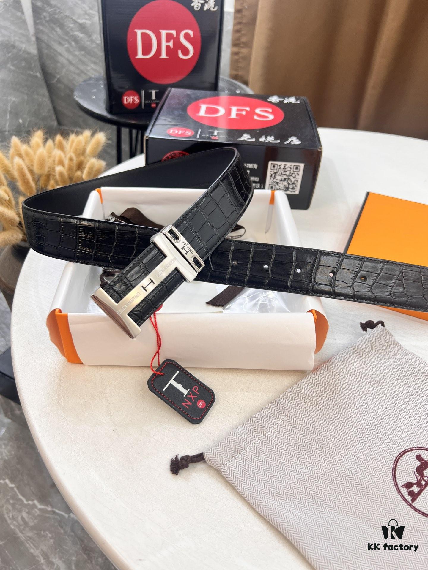 Hermès Men's Belt, Crocodile Grain Top Layer Leather with H Embossing, Double-Sided Wear, 3.8cm Width, Stainless Steel Hardware