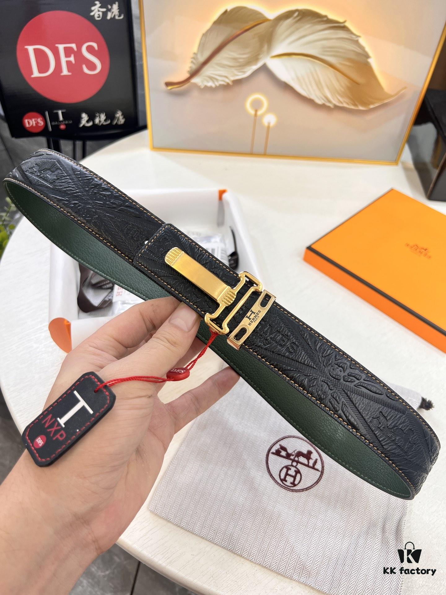 Hermès Men's Belt, New H-Logo Inside Buckle, Imported Embossed Top-Grade Calf Leather, Green Crocodile Texture, 3.8cm Width, ZP Synchronized Steel Stamp Logo