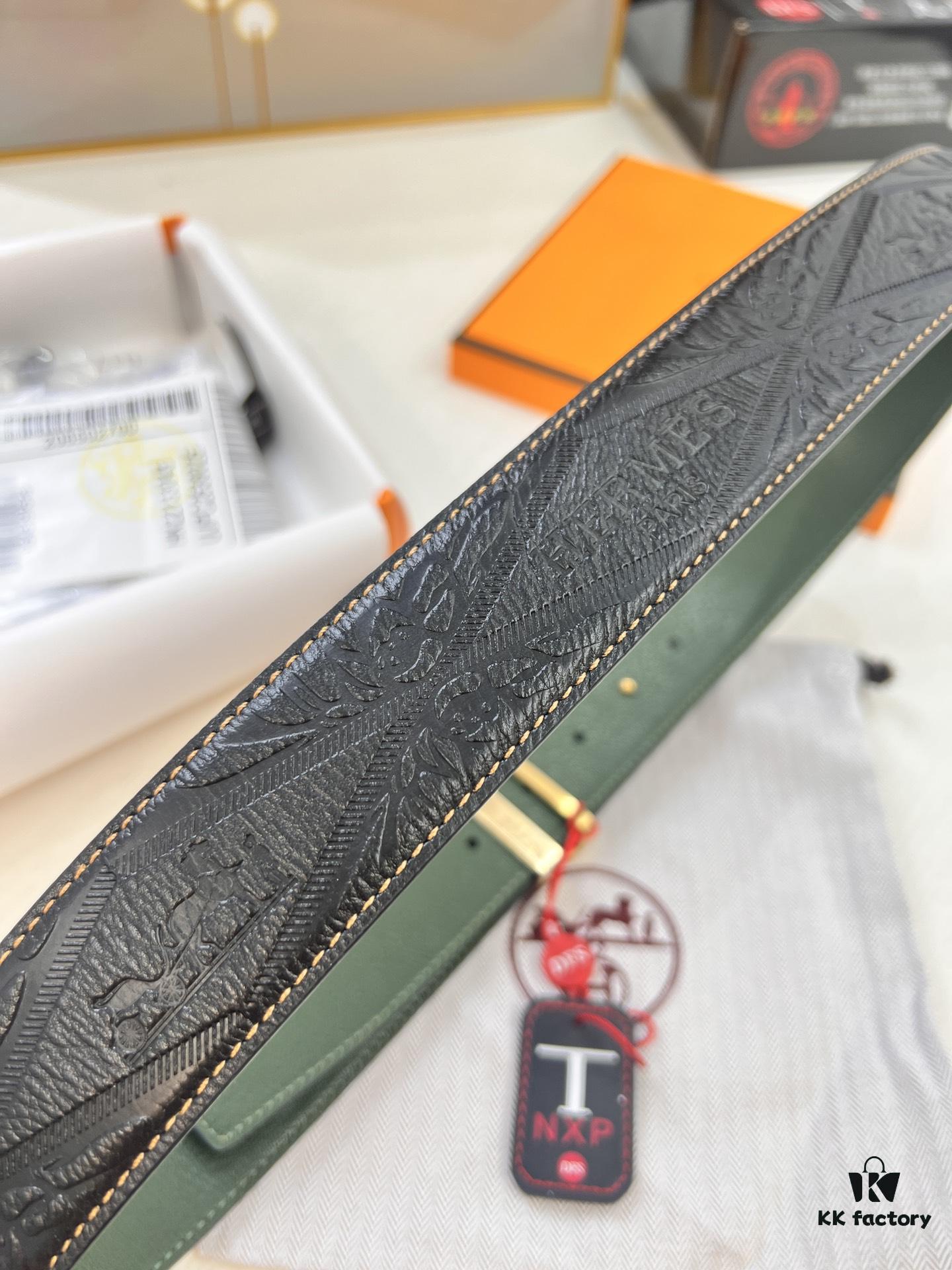 Hermès Men's Belt, New H-Logo Inside Buckle, Imported Embossed Top-Grade Calf Leather, Green Crocodile Texture, 3.8cm Width, ZP Synchronized Steel Stamp Logo