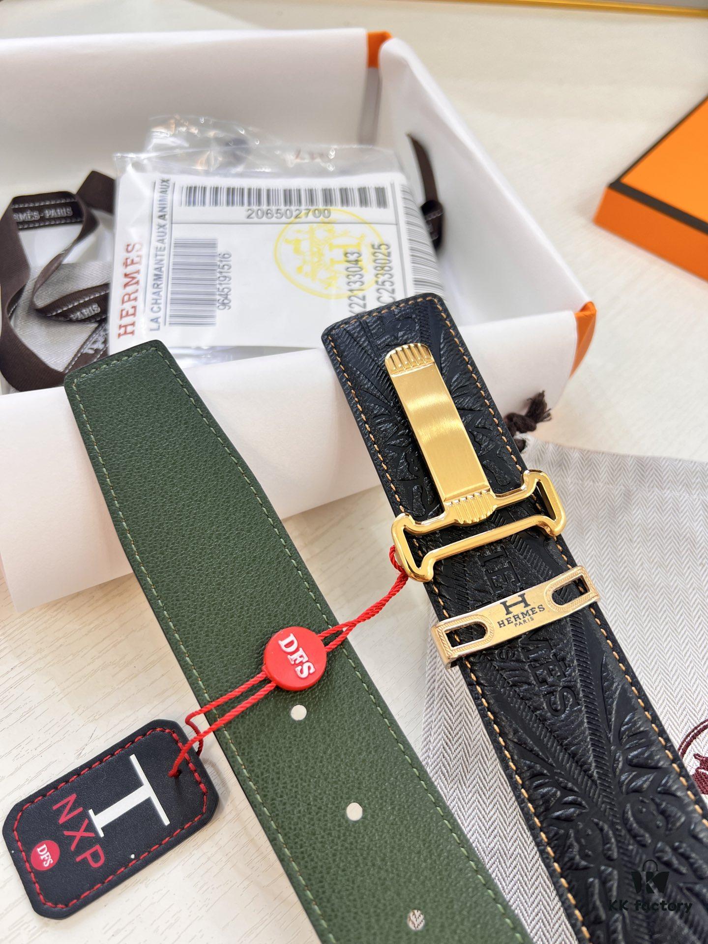 Hermès Men's Belt, New H-Logo Inside Buckle, Imported Embossed Top-Grade Calf Leather, Green Crocodile Texture, 3.8cm Width, ZP Synchronized Steel Stamp Logo