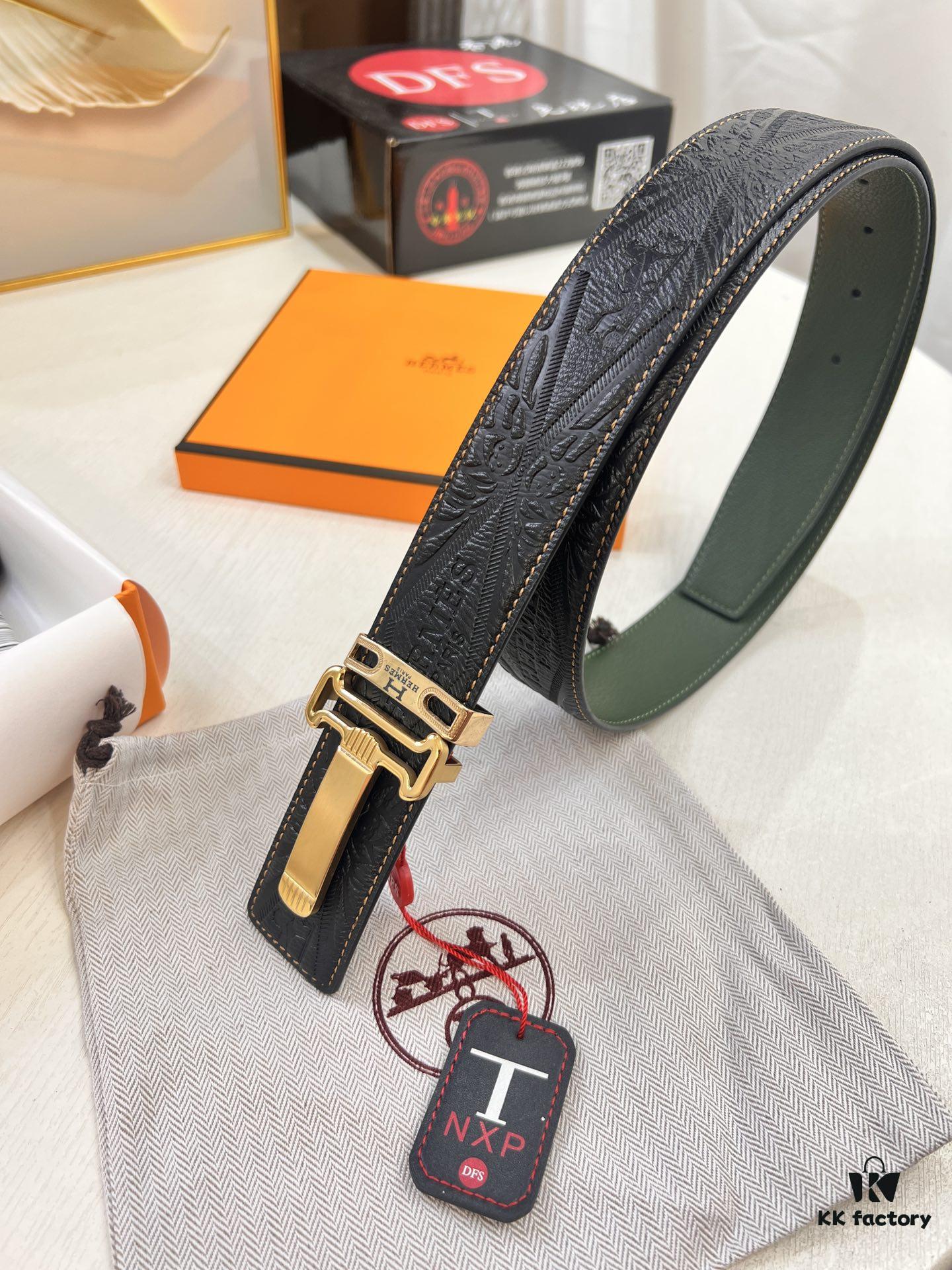 Hermès Men's Belt, New H-Logo Inside Buckle, Imported Embossed Top-Grade Calf Leather, Green Crocodile Texture, 3.8cm Width, ZP Synchronized Steel Stamp Logo