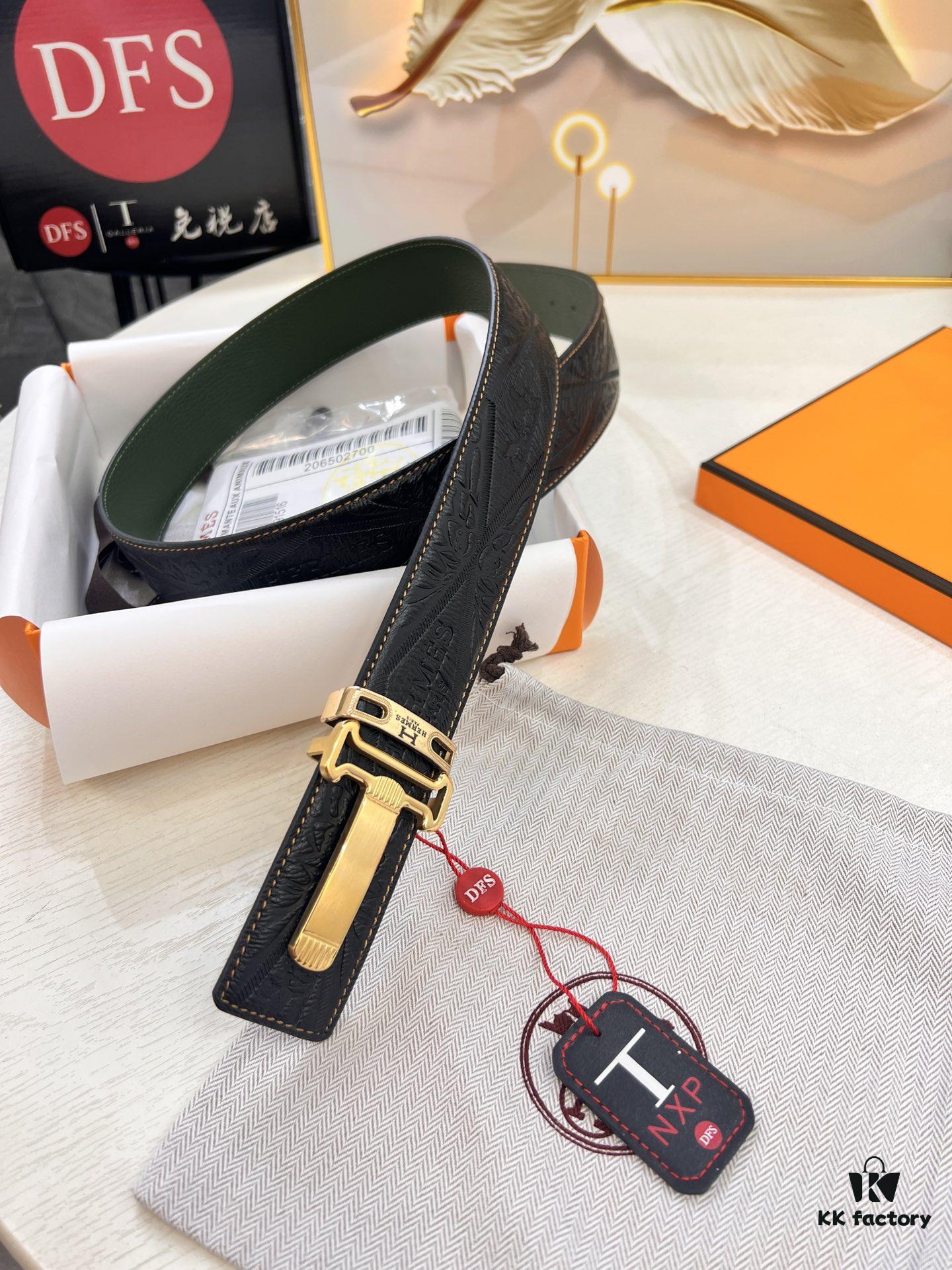 Hermès Men's Belt, New H-Logo Inside Buckle, Imported Embossed Top-Grade Calf Leather, Green Crocodile Texture, 3.8cm Width, ZP Synchronized Steel Stamp Logo