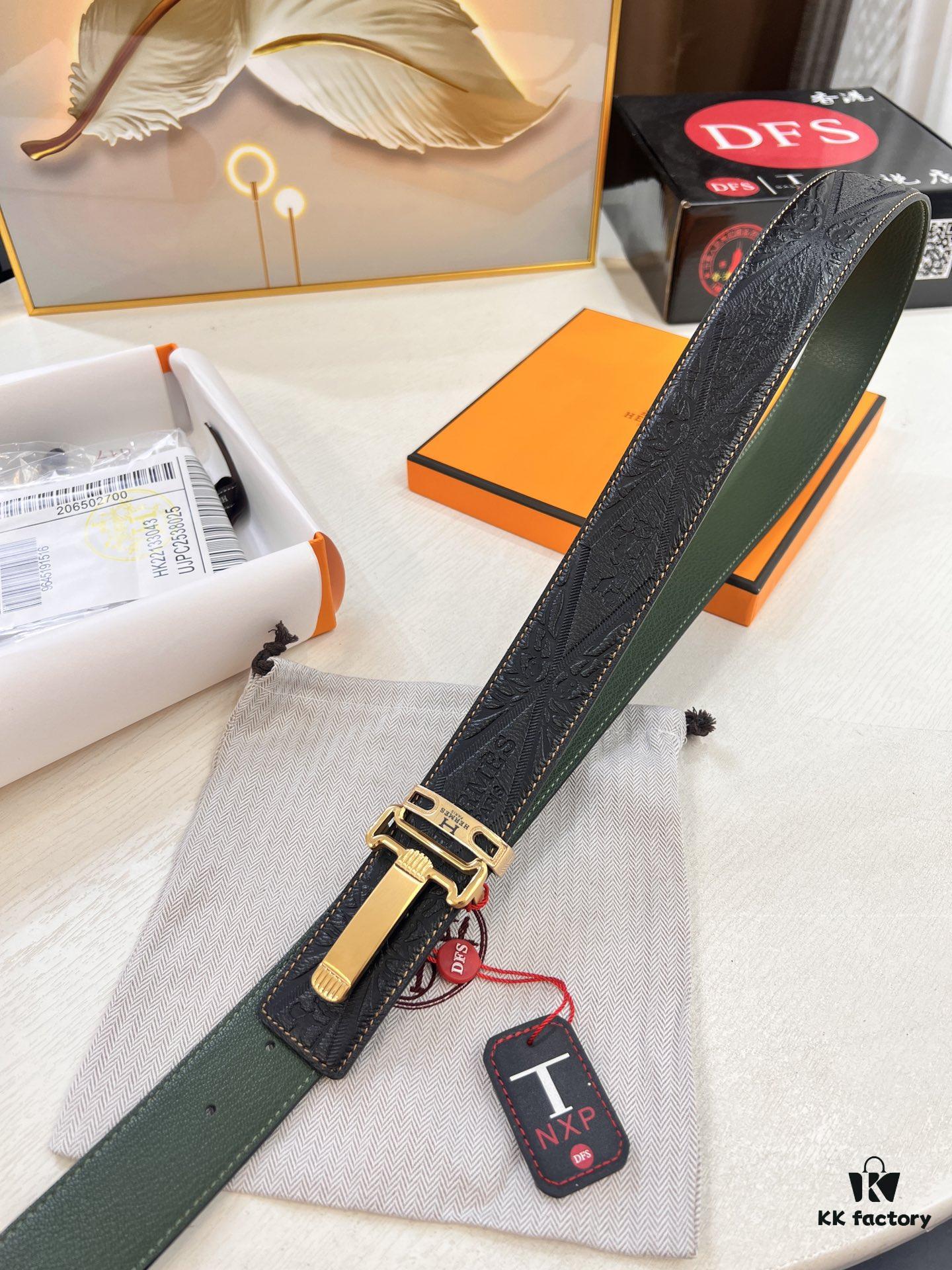 Hermès Men's Belt, New H-Logo Inside Buckle, Imported Embossed Top-Grade Calf Leather, Green Crocodile Texture, 3.8cm Width, ZP Synchronized Steel Stamp Logo