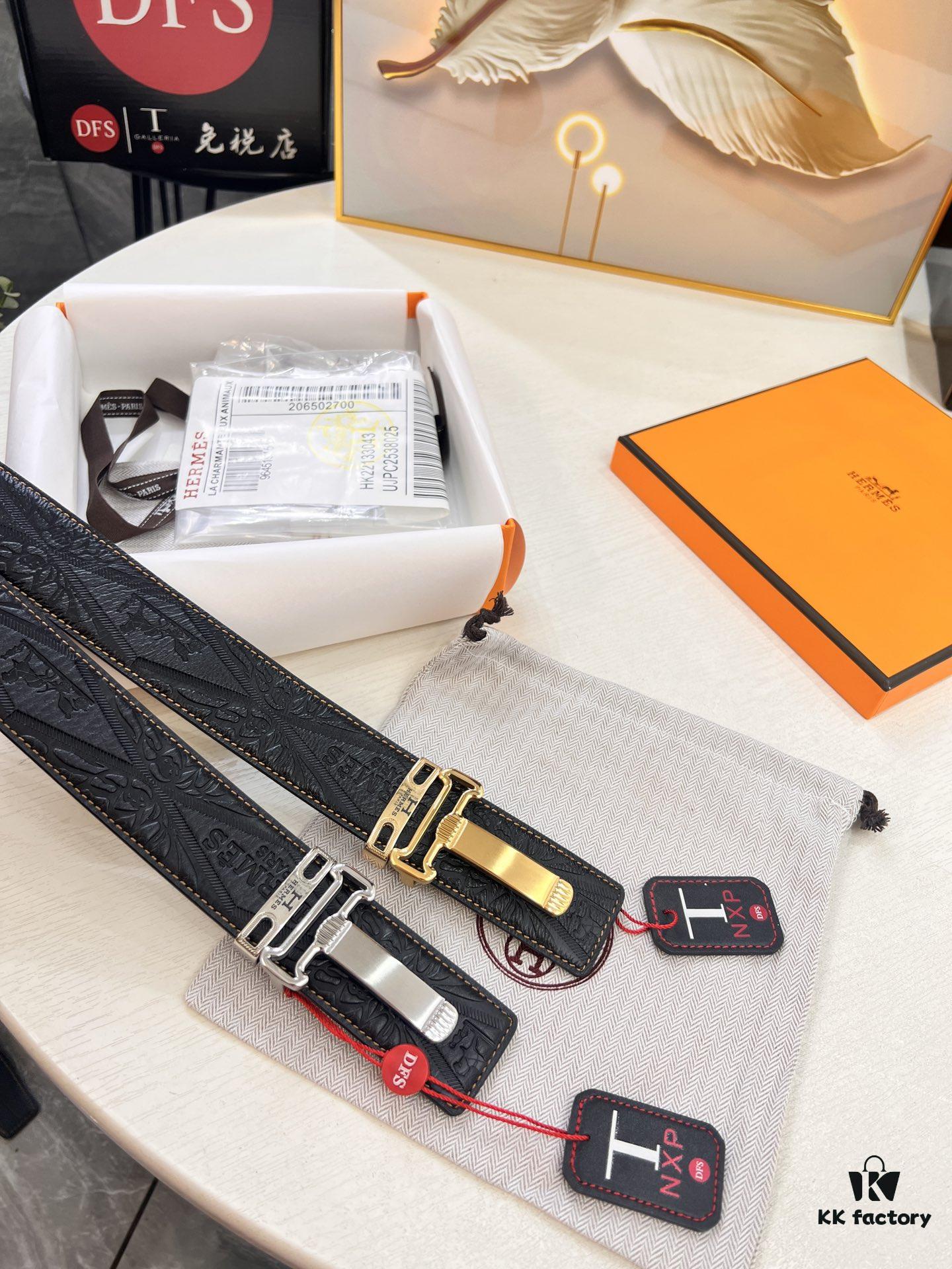 Hermès Men's Belt, New H-Logo Inside Buckle, Imported Embossed Top-Grade Calf Leather, Green Crocodile Texture, 3.8cm Width, ZP Synchronized Steel Stamp Logo