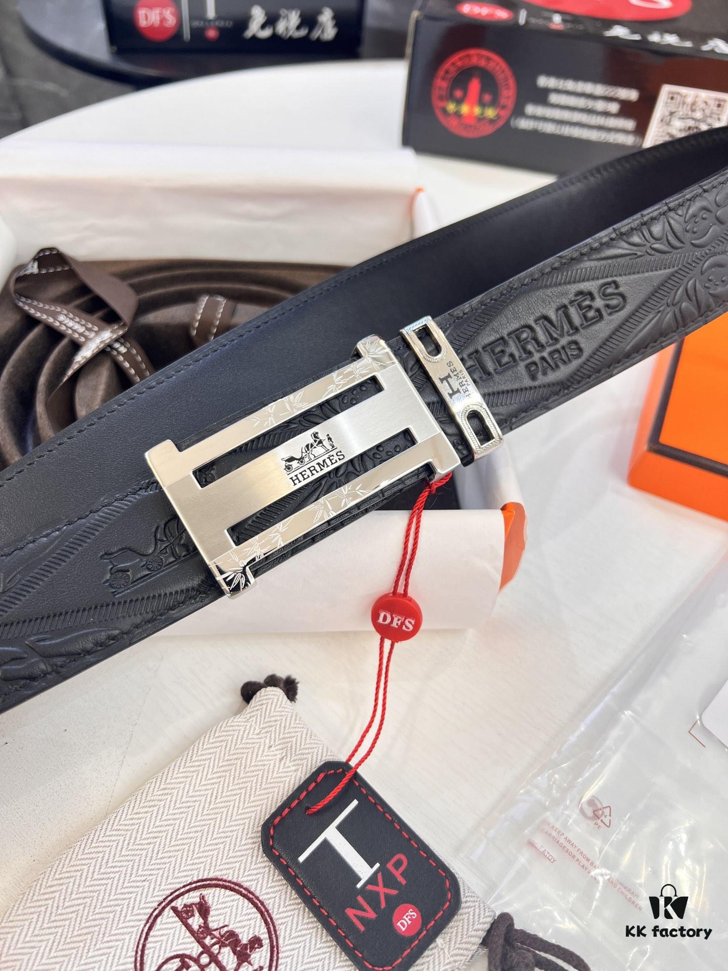 Hermès Men's Belt, Genuine Top-Layer Calfskin with Engraved Horse Carriage Logo, Steel Hardware, 3.8cm Width