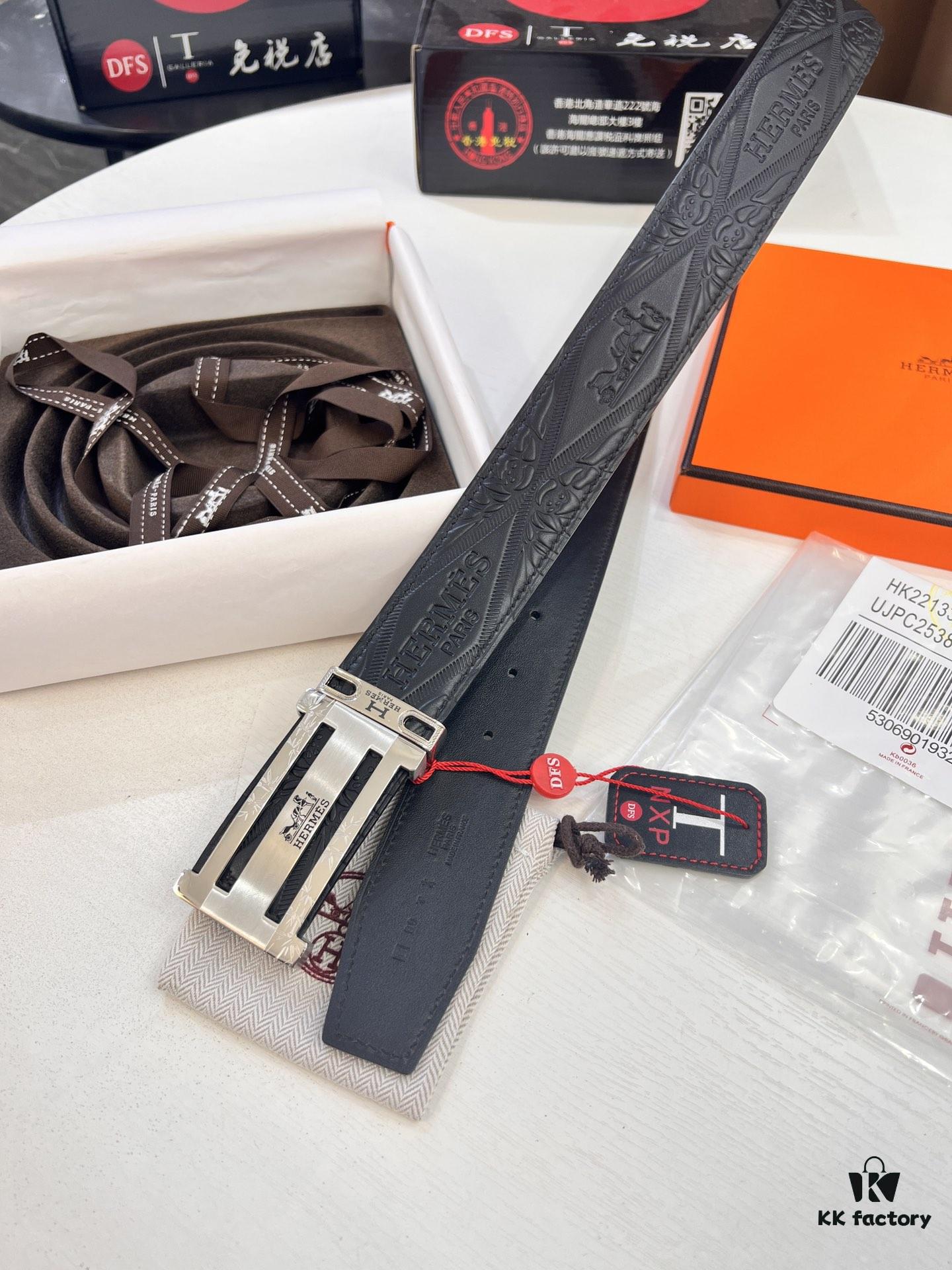 Hermès Men's Belt, Genuine Top-Layer Calfskin with Engraved Horse Carriage Logo, Steel Hardware, 3.8cm Width