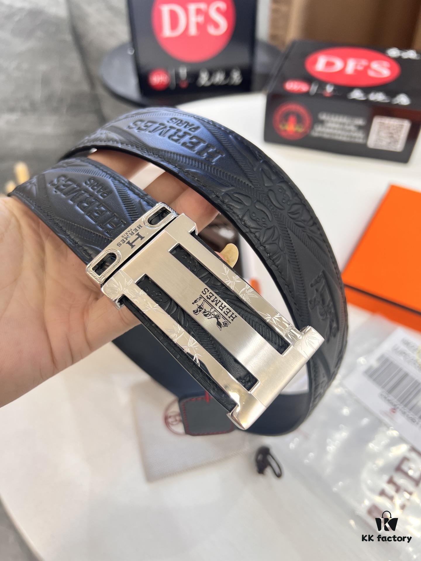 Hermès Men's Belt, Genuine Top-Layer Calfskin with Engraved Horse Carriage Logo, Steel Hardware, 3.8cm Width