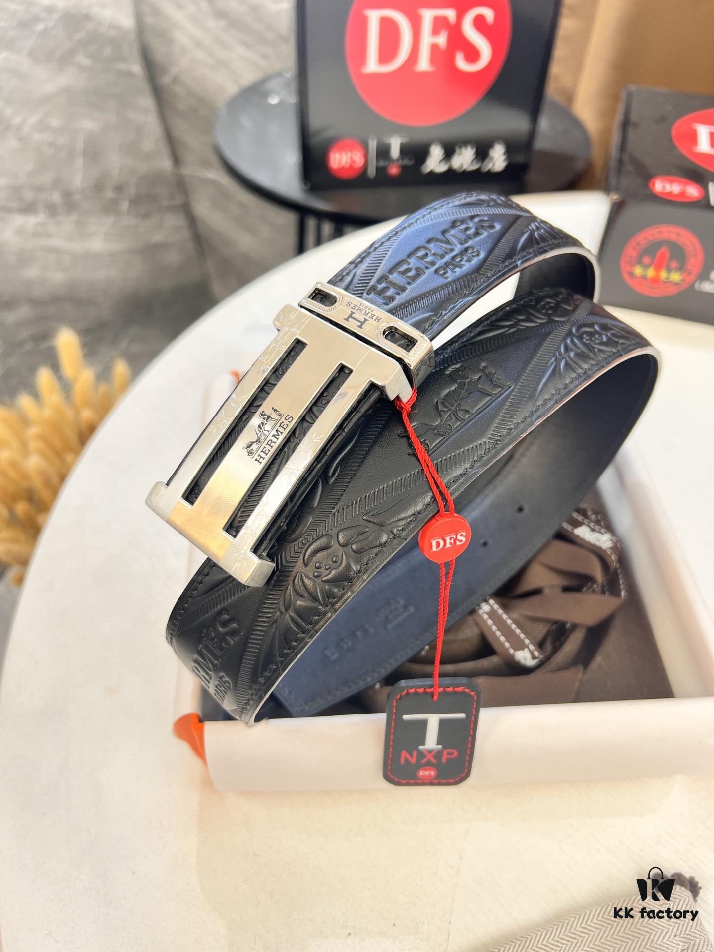 Hermès Men's Belt, Genuine Top-Layer Calfskin with Engraved Horse Carriage Logo, Steel Hardware, 3.8cm Width