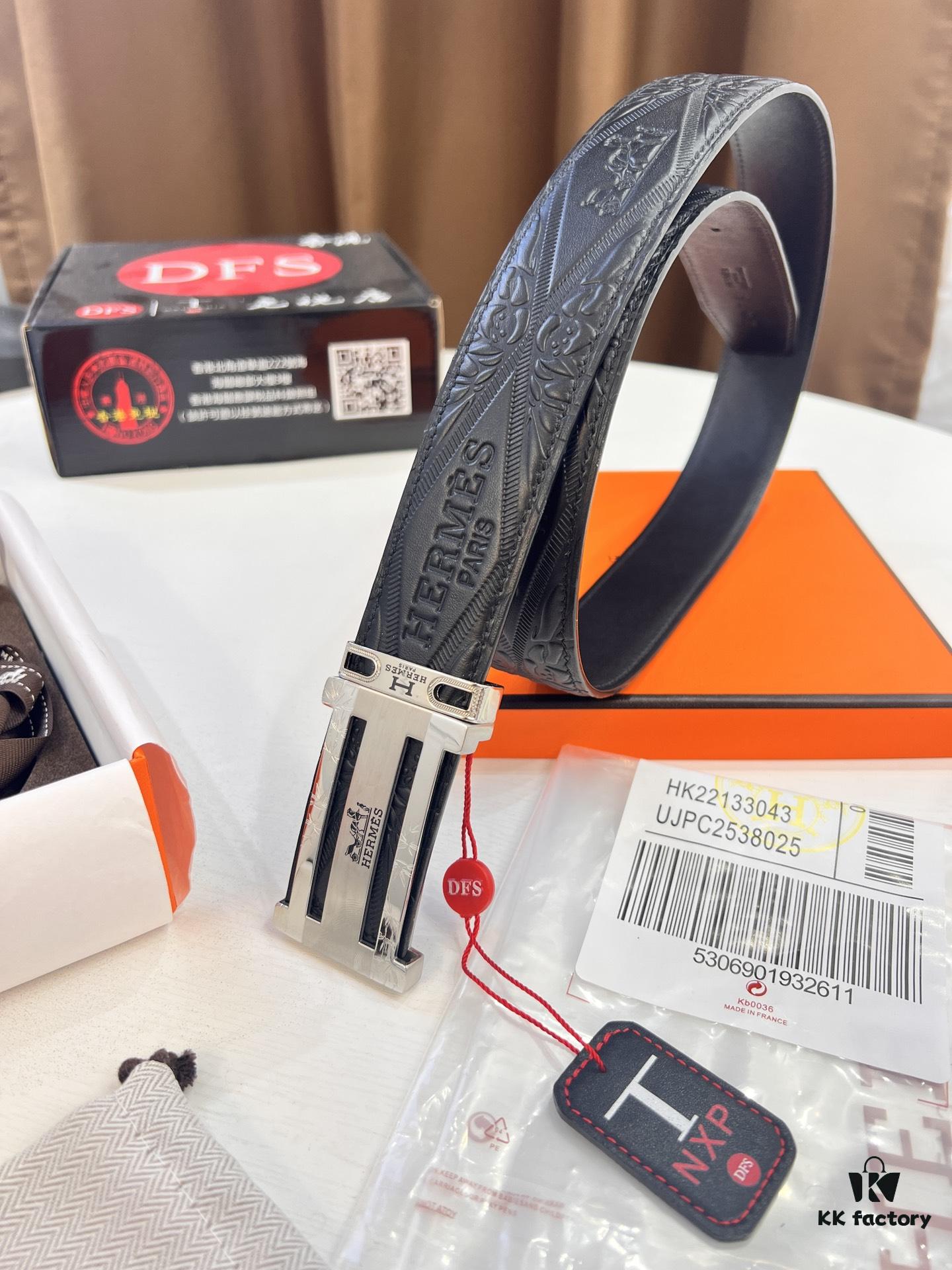 Hermès Men's Belt, Genuine Top-Layer Calfskin with Engraved Horse Carriage Logo, Steel Hardware, 3.8cm Width