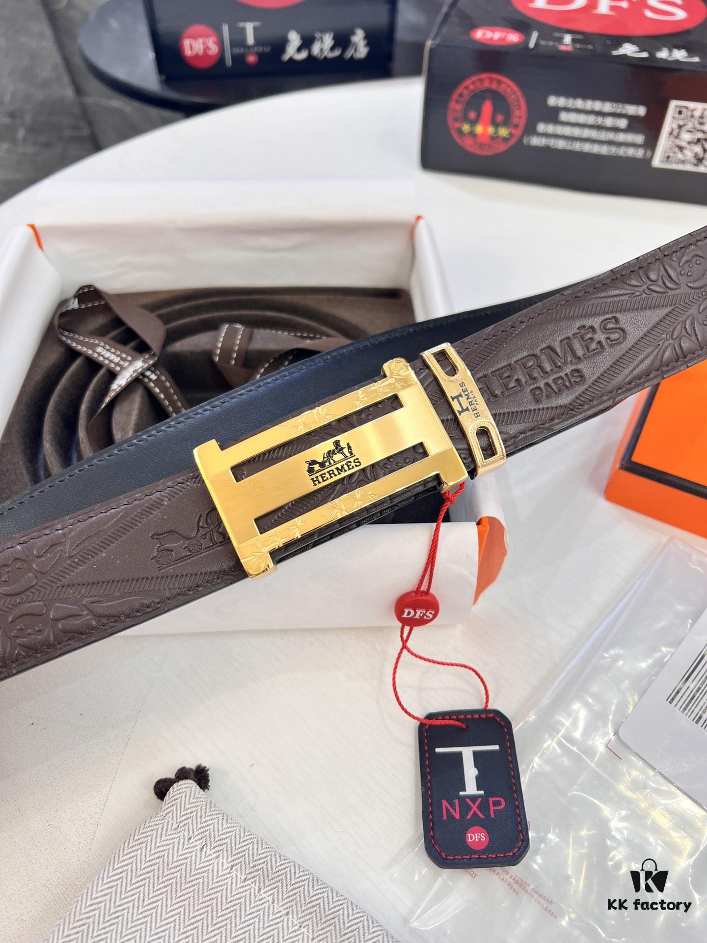 Hermès Men's Belt, Top Grain Calfskin with Engraved H Logo Buckle, 3.8cm Width, Adjustable Length, Original Imported Embossed Horse Head Design, Ideal Gift