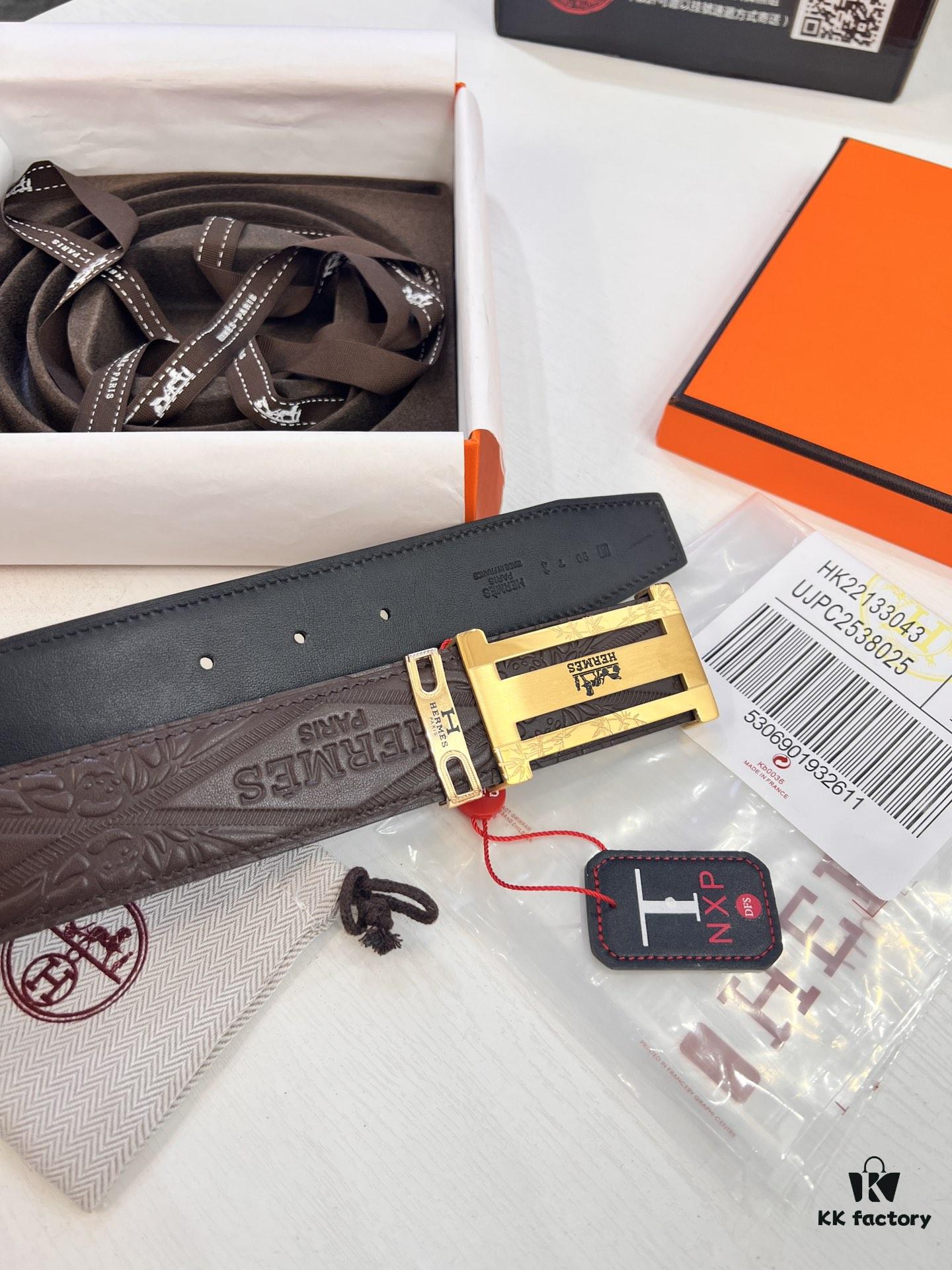 Hermès Men's Belt, Top Grain Calfskin with Engraved H Logo Buckle, 3.8cm Width, Adjustable Length, Original Imported Embossed Horse Head Design, Ideal Gift