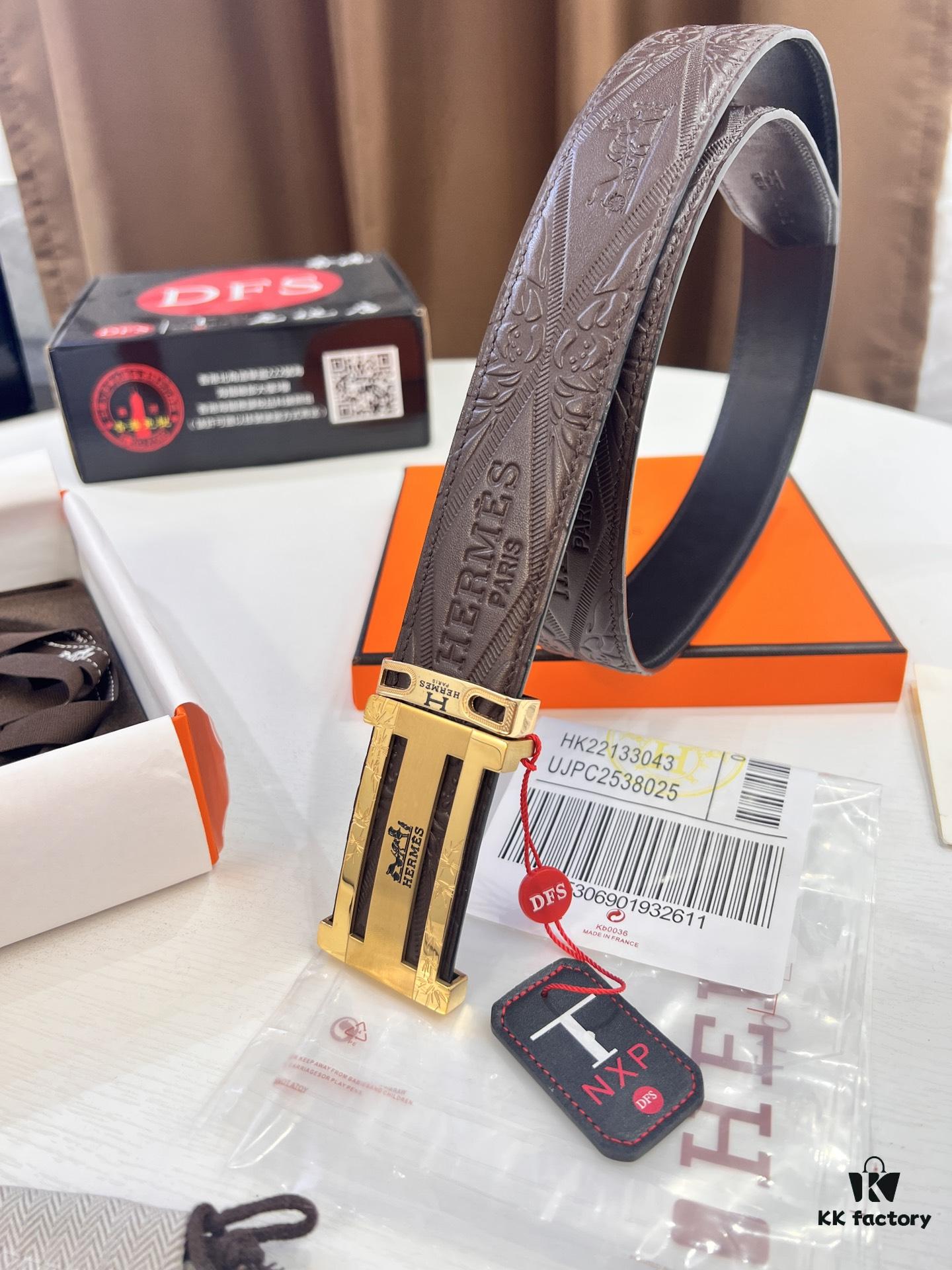 Hermès Men's Belt, Top Grain Calfskin with Engraved H Logo Buckle, 3.8cm Width, Adjustable Length, Original Imported Embossed Horse Head Design, Ideal Gift