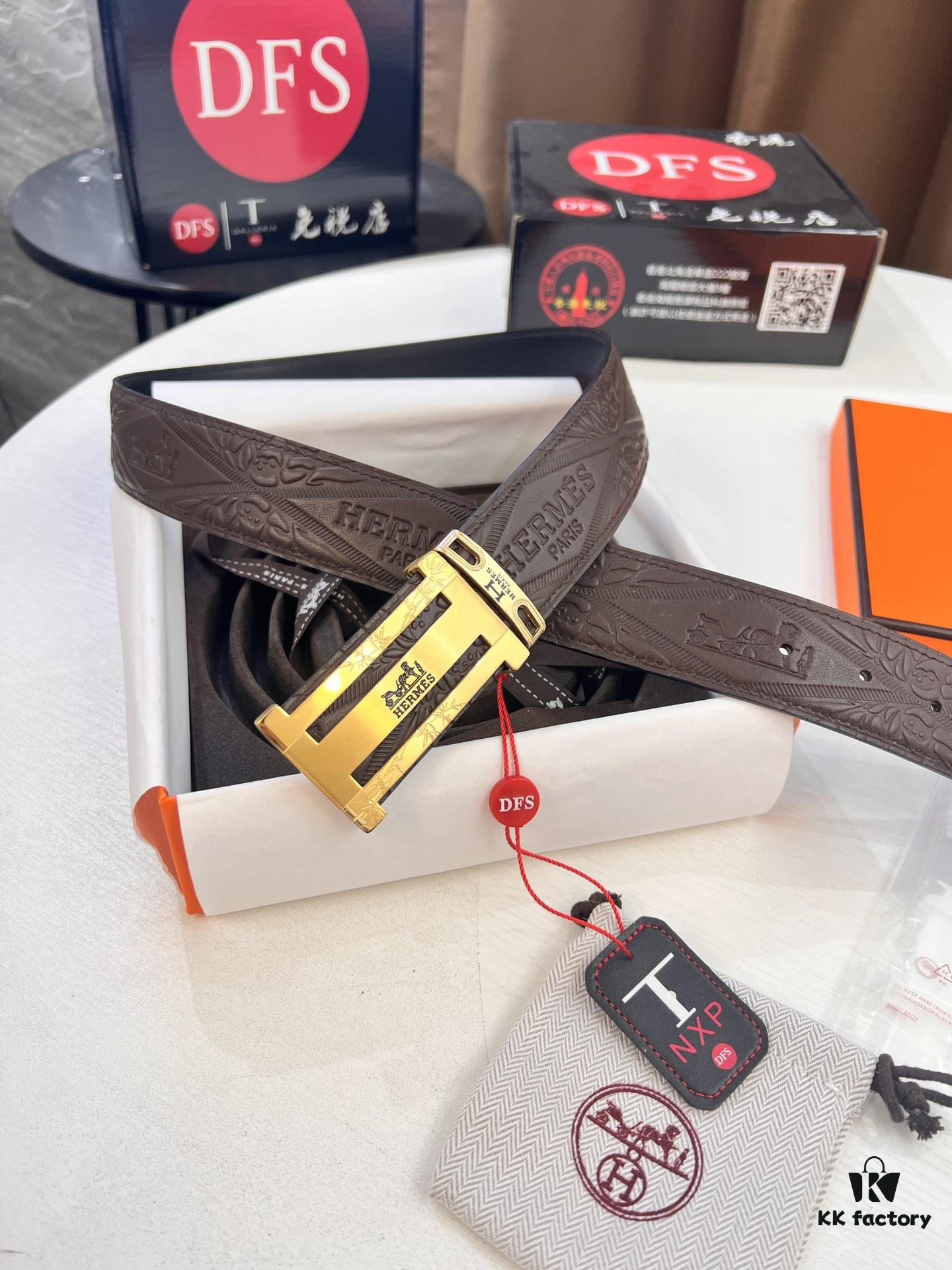 Hermès Men's Belt, Top Grain Calfskin with Engraved H Logo Buckle, 3.8cm Width, Adjustable Length, Original Imported Embossed Horse Head Design, Ideal Gift