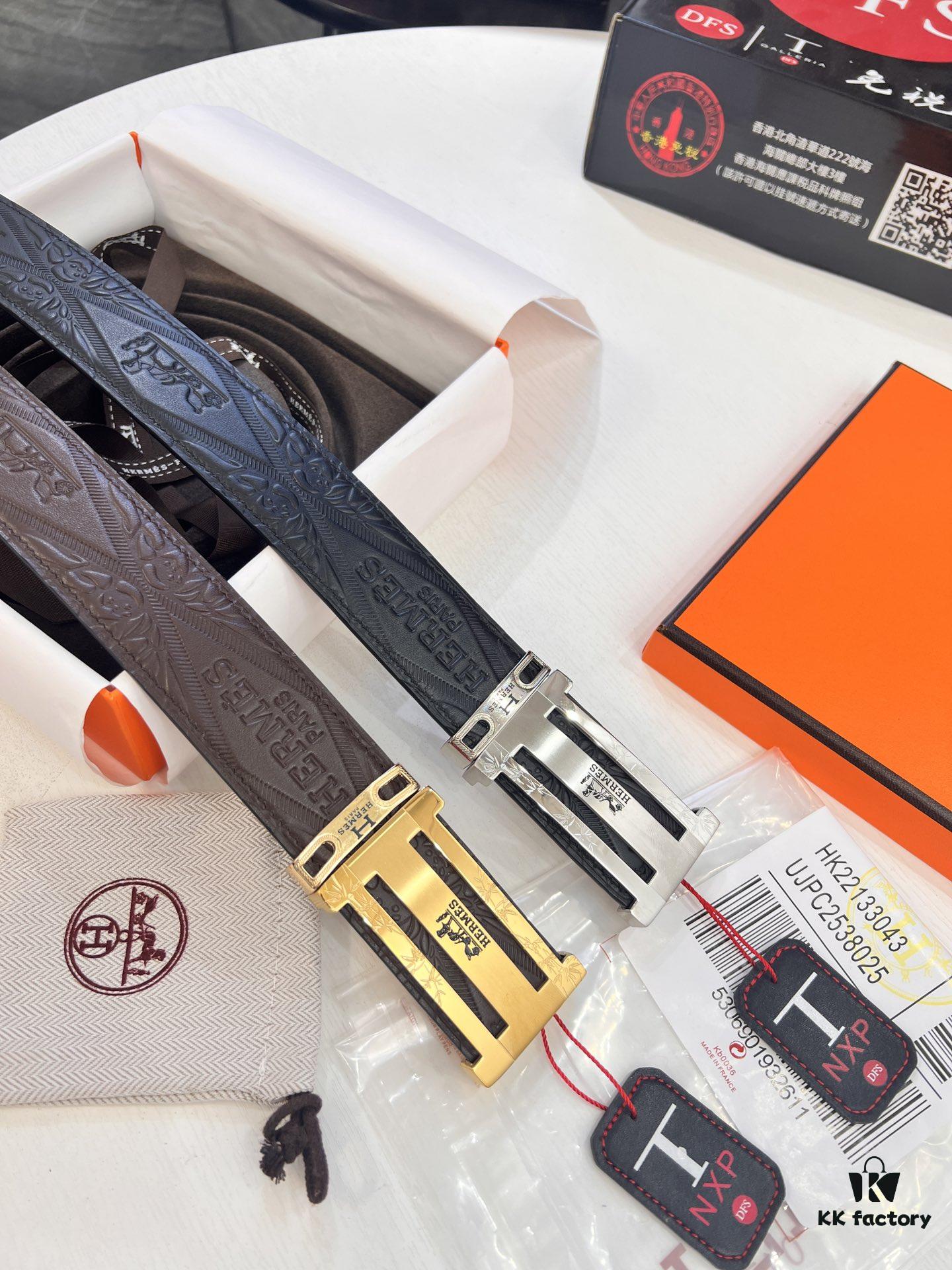 Hermès Men's Belt, Top Grain Calfskin with Engraved H Logo Buckle, 3.8cm Width, Adjustable Length, Original Imported Embossed Horse Head Design, Ideal Gift