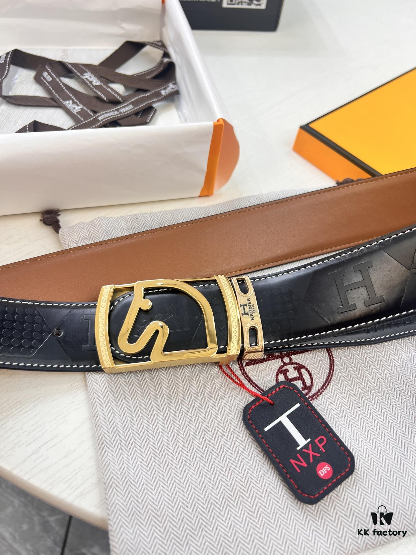 Hermès Men's Belt, Top Grain Cowhide with Engraved Metal Buckle, 3.8cm Width, Tan Color, Adjustable Length