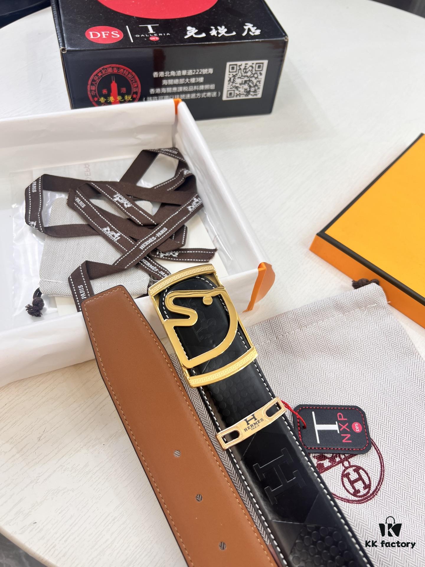 Hermès Men's Belt, Top Grain Cowhide with Engraved Metal Buckle, 3.8cm Width, Tan Color, Adjustable Length