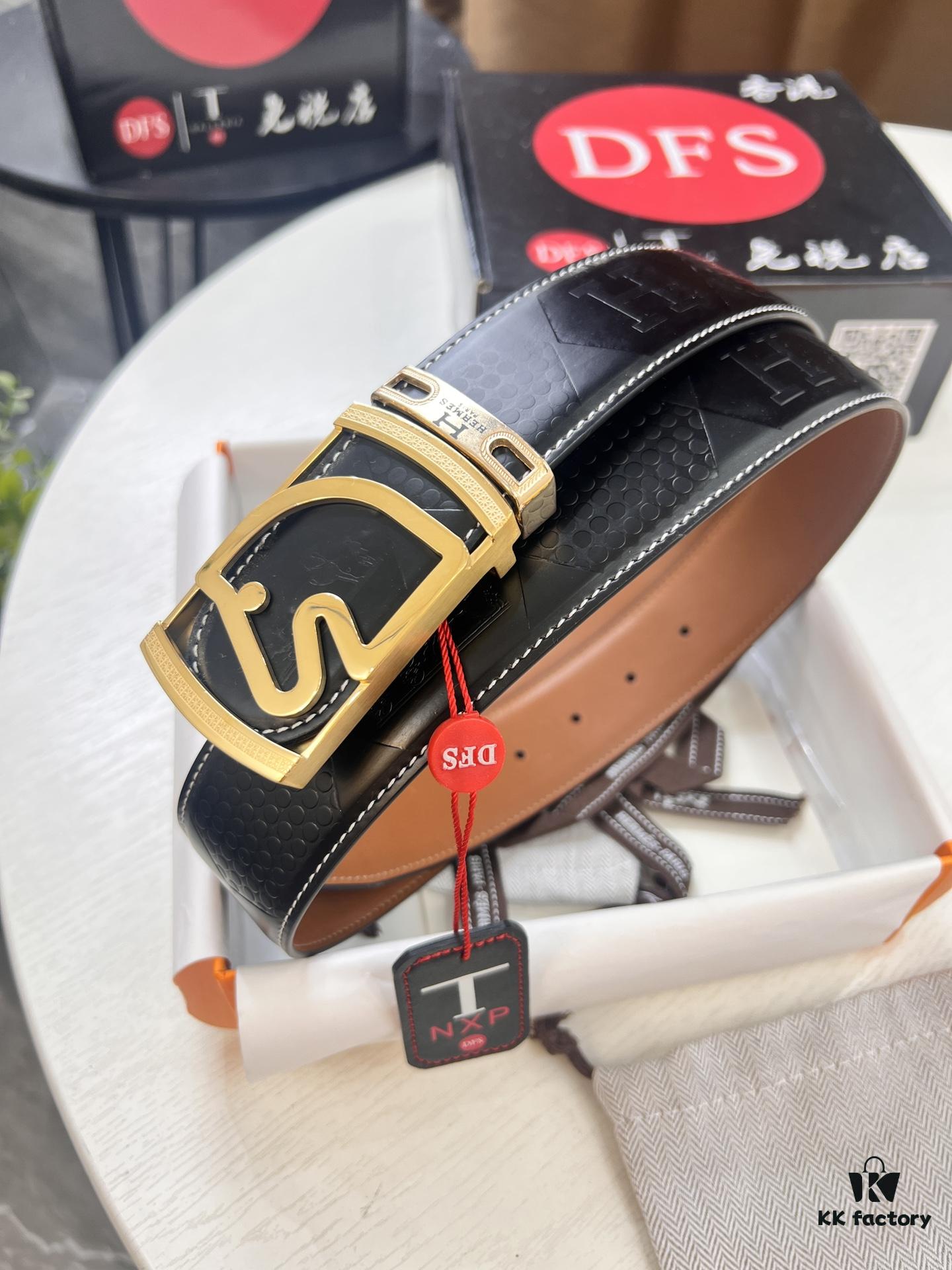 Hermès Men's Belt, Top Grain Cowhide with Engraved Metal Buckle, 3.8cm Width, Tan Color, Adjustable Length