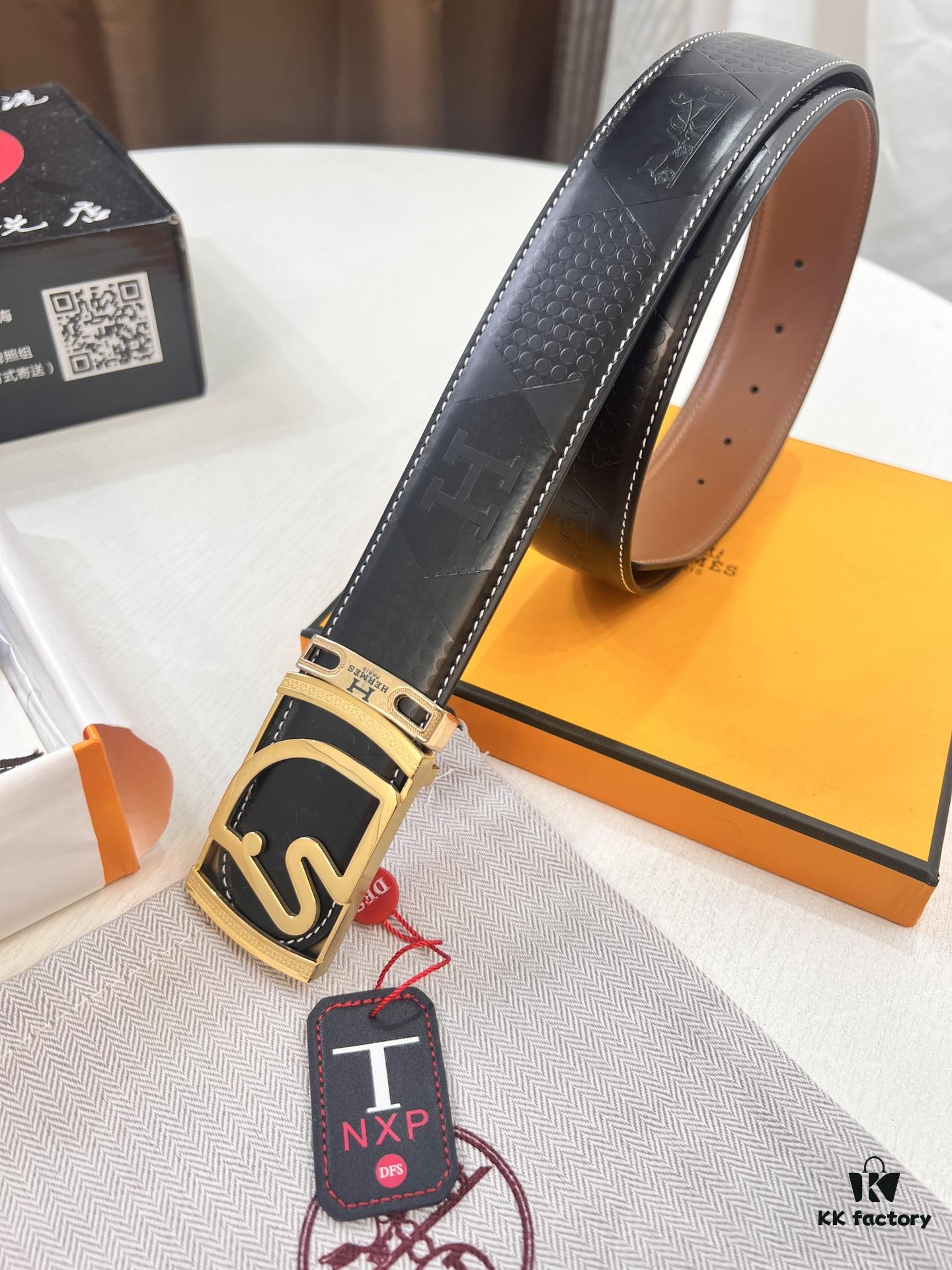 Hermès Men's Belt, Top Grain Cowhide with Engraved Metal Buckle, 3.8cm Width, Tan Color, Adjustable Length