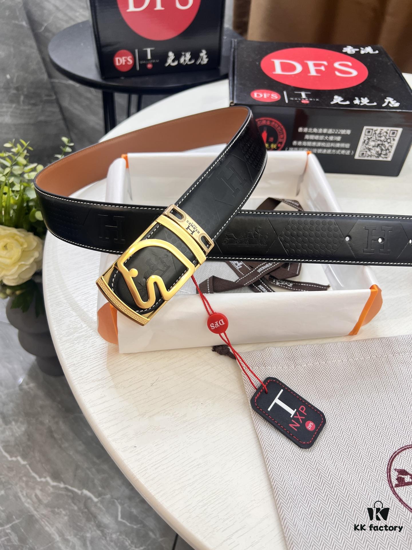 Hermès Men's Belt, Top Grain Cowhide with Engraved Metal Buckle, 3.8cm Width, Tan Color, Adjustable Length