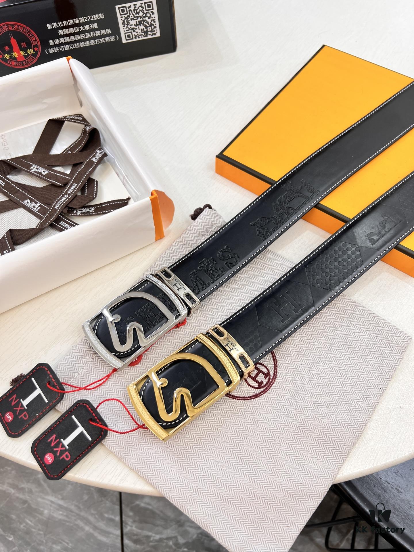 Hermès Men's Belt, Top Grain Cowhide with Engraved Metal Buckle, 3.8cm Width, Tan Color, Adjustable Length