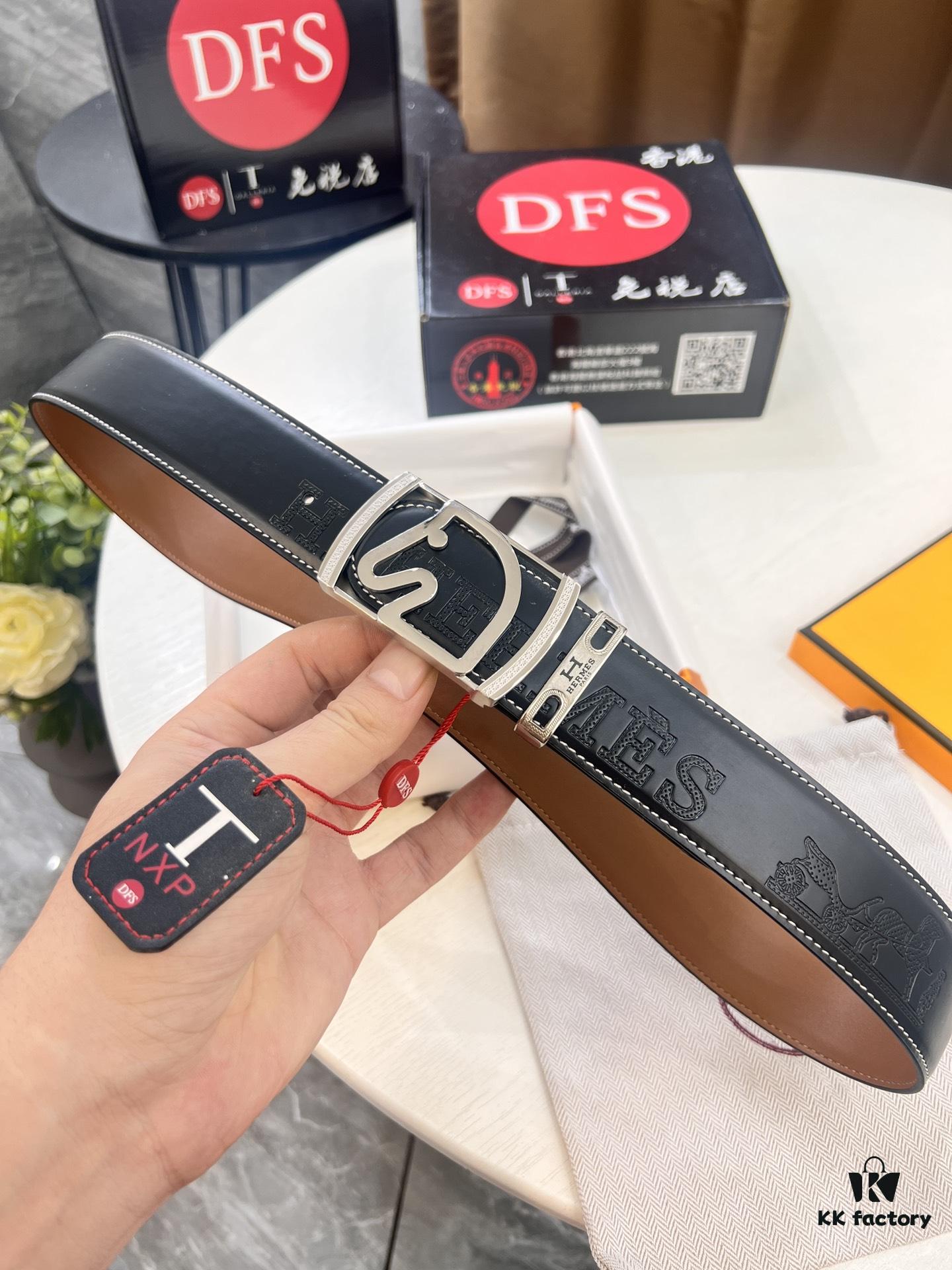 Hermès Men's Belt, Top Grain Calfskin with Engraved Buckle, 3.8cm Width, Adjustable Length, Original Imported Embossed Horse-Drawn Carriage Design