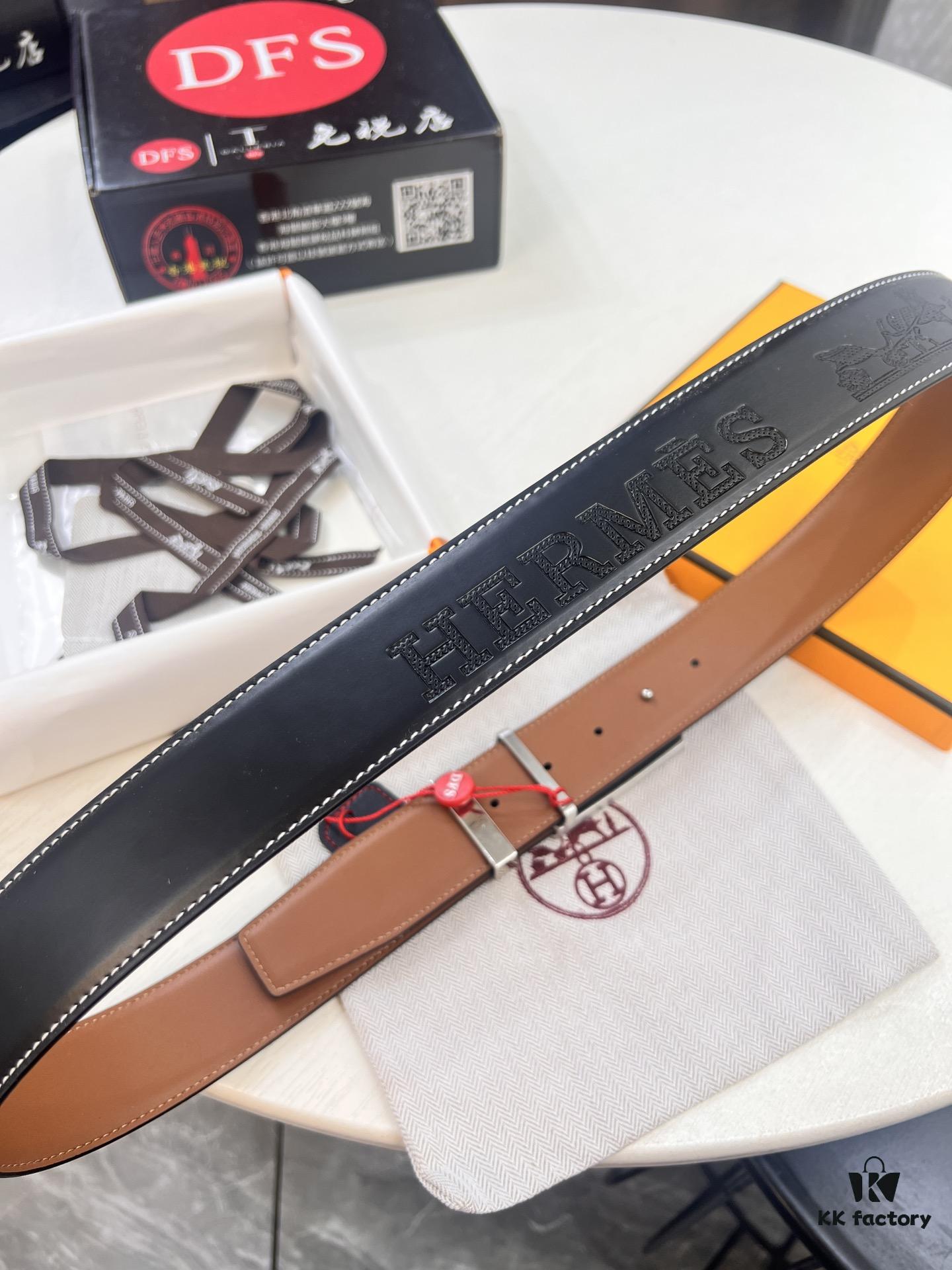 Hermès Men's Belt, Top Grain Calfskin with Engraved Buckle, 3.8cm Width, Adjustable Length, Original Imported Embossed Horse-Drawn Carriage Design