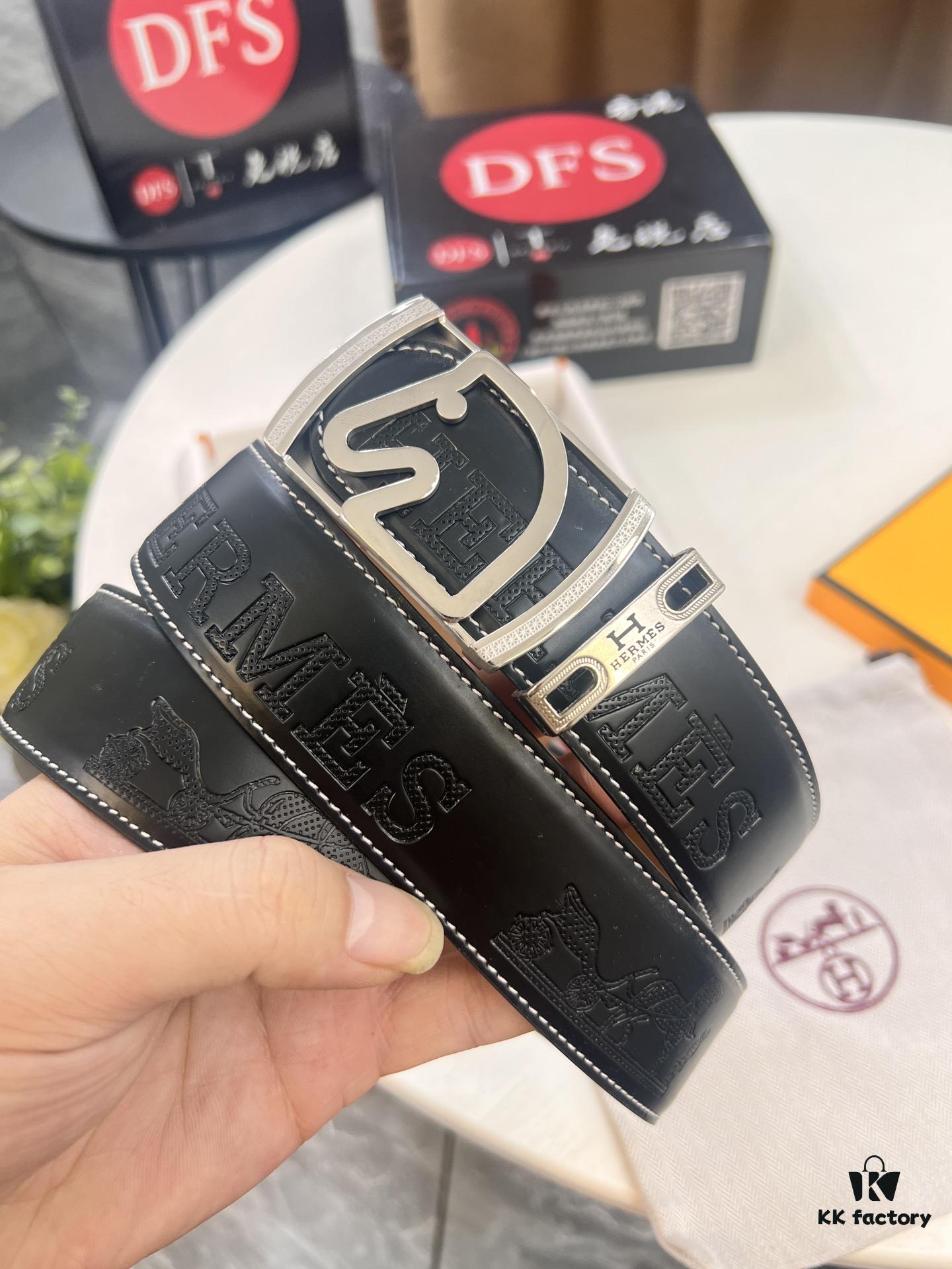 Hermès Men's Belt, Top Grain Calfskin with Engraved Buckle, 3.8cm Width, Adjustable Length, Original Imported Embossed Horse-Drawn Carriage Design