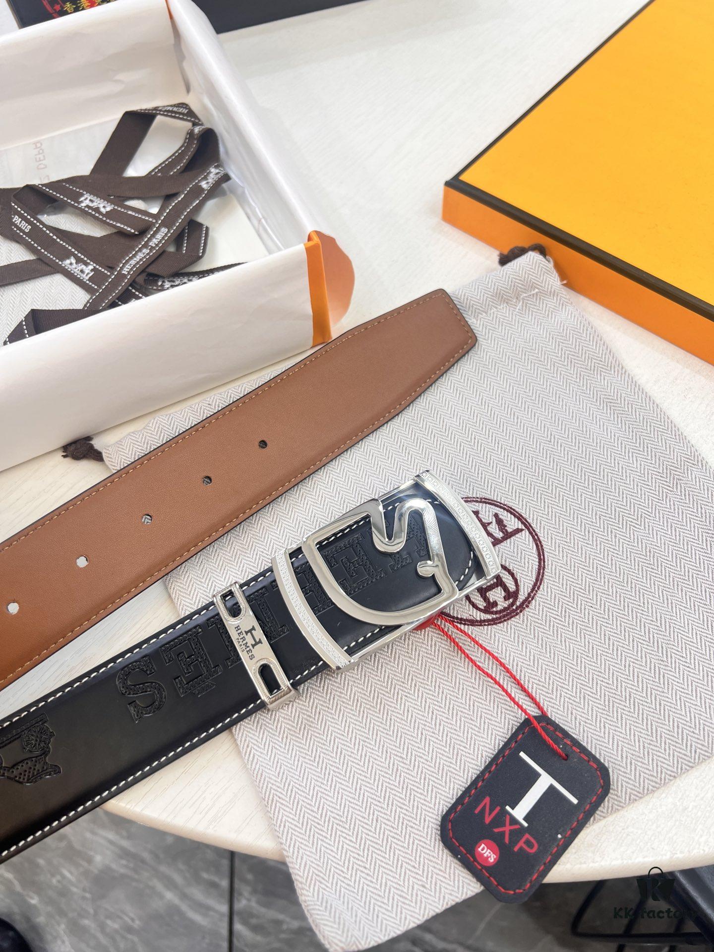 Hermès Men's Belt, Top Grain Calfskin with Engraved Buckle, 3.8cm Width, Adjustable Length, Original Imported Embossed Horse-Drawn Carriage Design