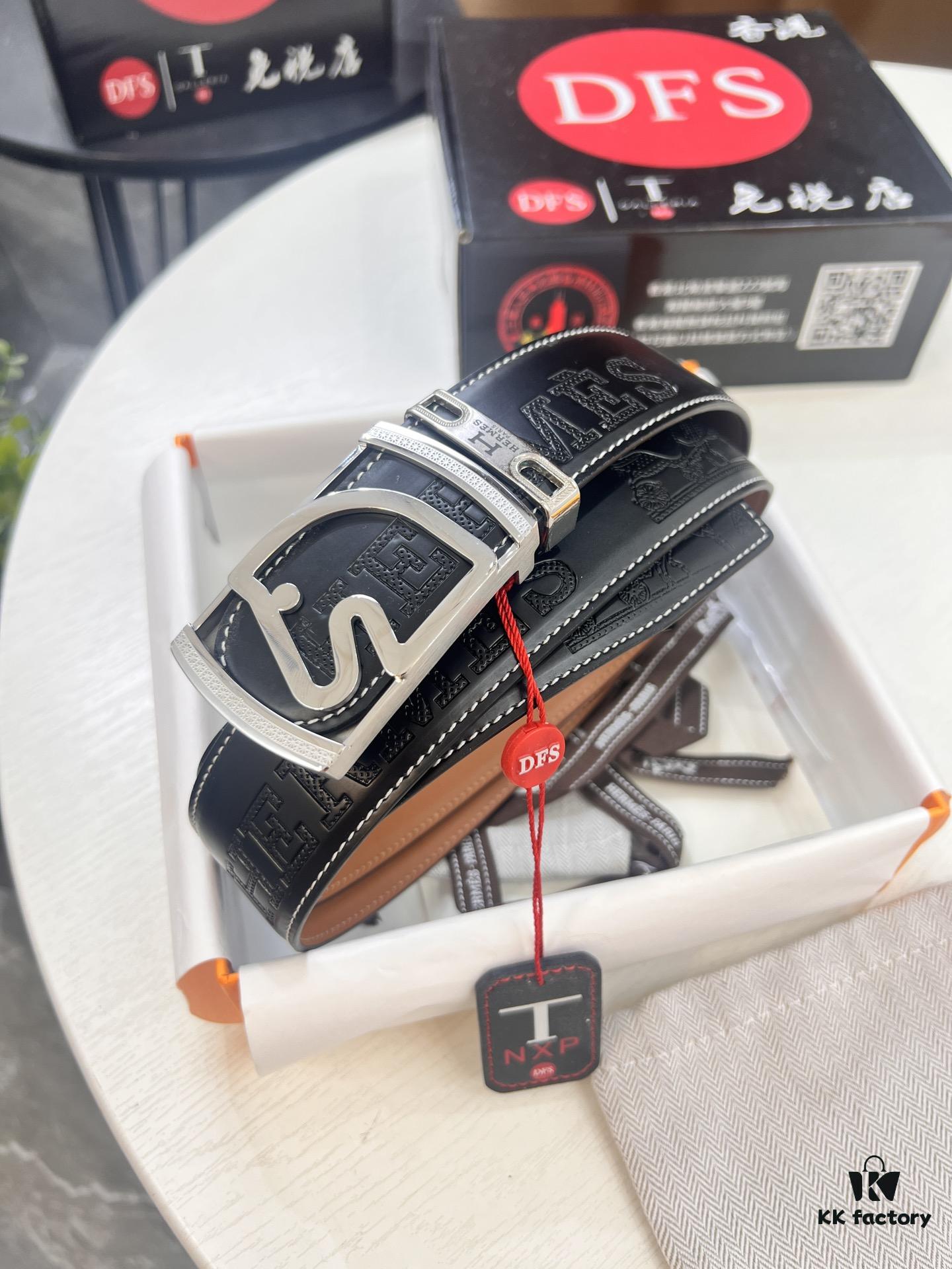 Hermès Men's Belt, Top Grain Calfskin with Engraved Buckle, 3.8cm Width, Adjustable Length, Original Imported Embossed Horse-Drawn Carriage Design