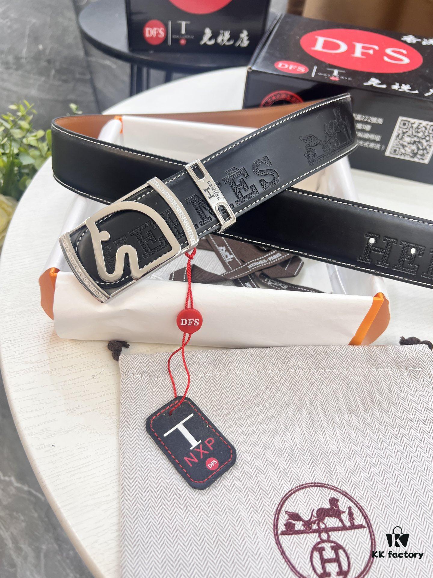 Hermès Men's Belt, Top Grain Calfskin with Engraved Buckle, 3.8cm Width, Adjustable Length, Original Imported Embossed Horse-Drawn Carriage Design