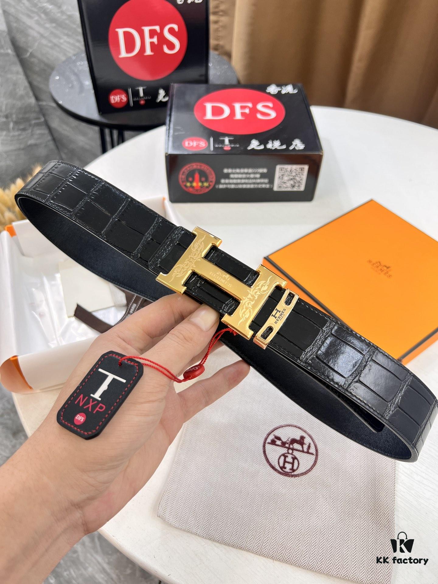 Hermès Men's Belt, Genuine Top-Layer Crocodile-Textured Leather, Slim Design, 3.8cm Width, Stainless Steel Hardware, Reversible Wear, Gift-Ready